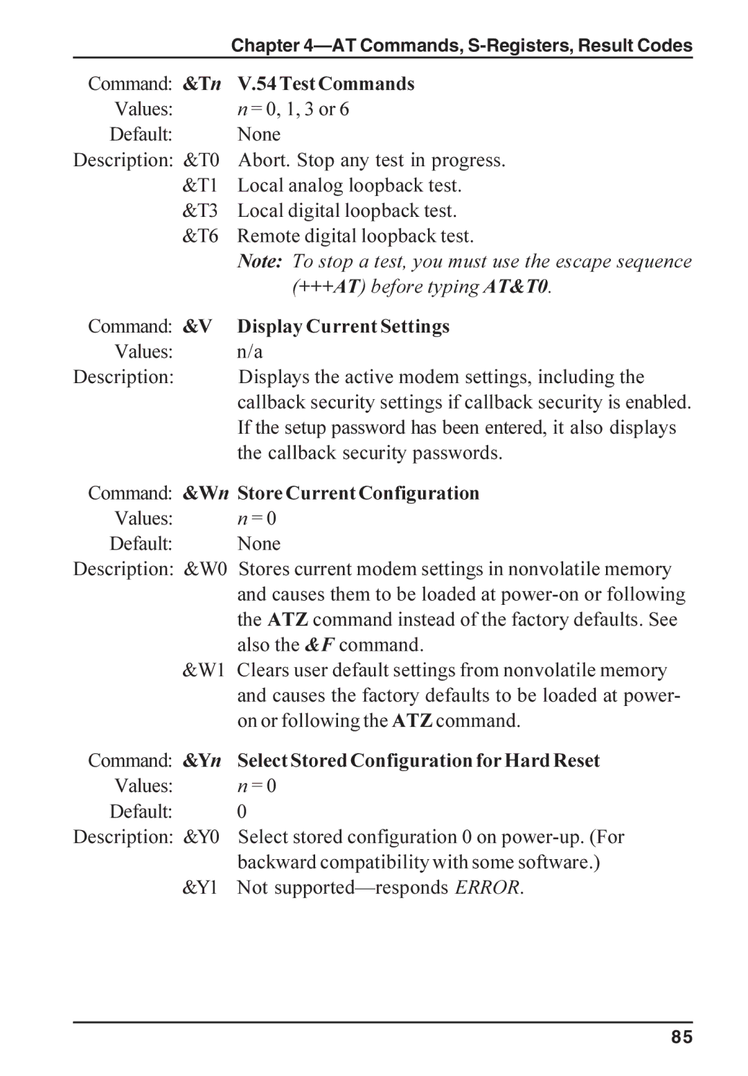 Multi-Tech Systems ISI5634PCI/4/8 manual Test Commands, Display Current Settings, Command &Wn Store Current Configuration 