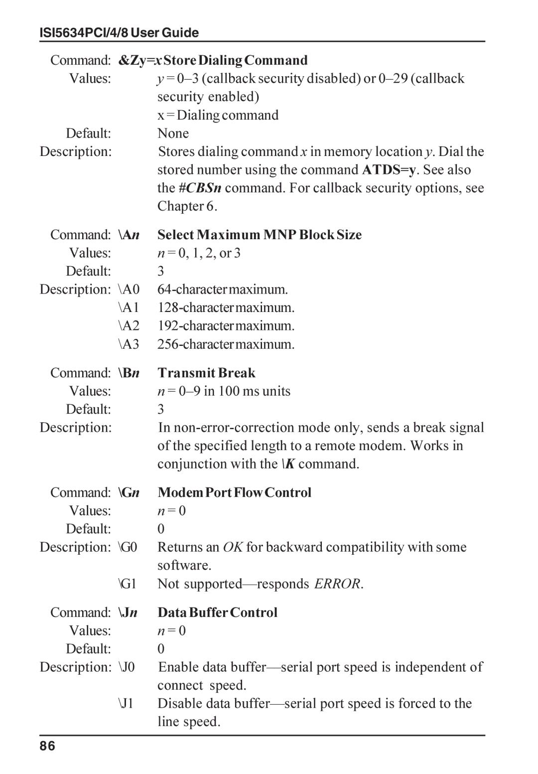 Multi-Tech Systems ISI5634PCI/4/8 manual Command &Zy=xStore Dialing Command, Select Maximum MNP Block Size, Transmit Break 