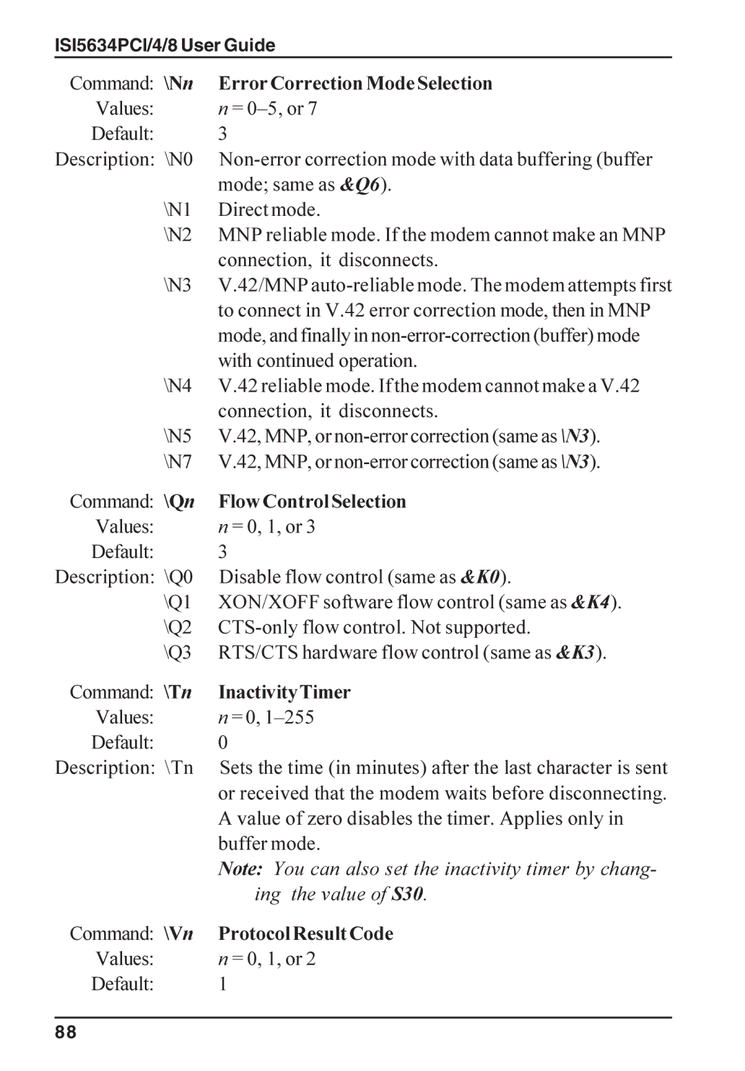 Multi-Tech Systems ISI5634PCI/4/8 manual Error Correction Mode Selection, InactivityTimer, Protocol Result Code 