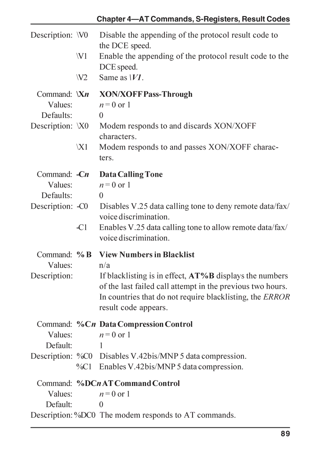 Multi-Tech Systems ISI5634PCI/4/8 manual XON/XOFFPass-Through, Data Calling Tone, View Numbers in Blacklist 