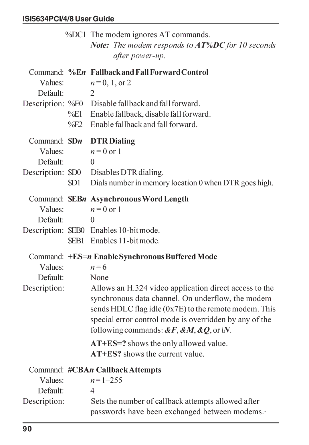 Multi-Tech Systems ISI5634PCI/4/8 manual Command %En FallbackandFallForwardControl, DTR Dialing, Asynchronous Word Length 