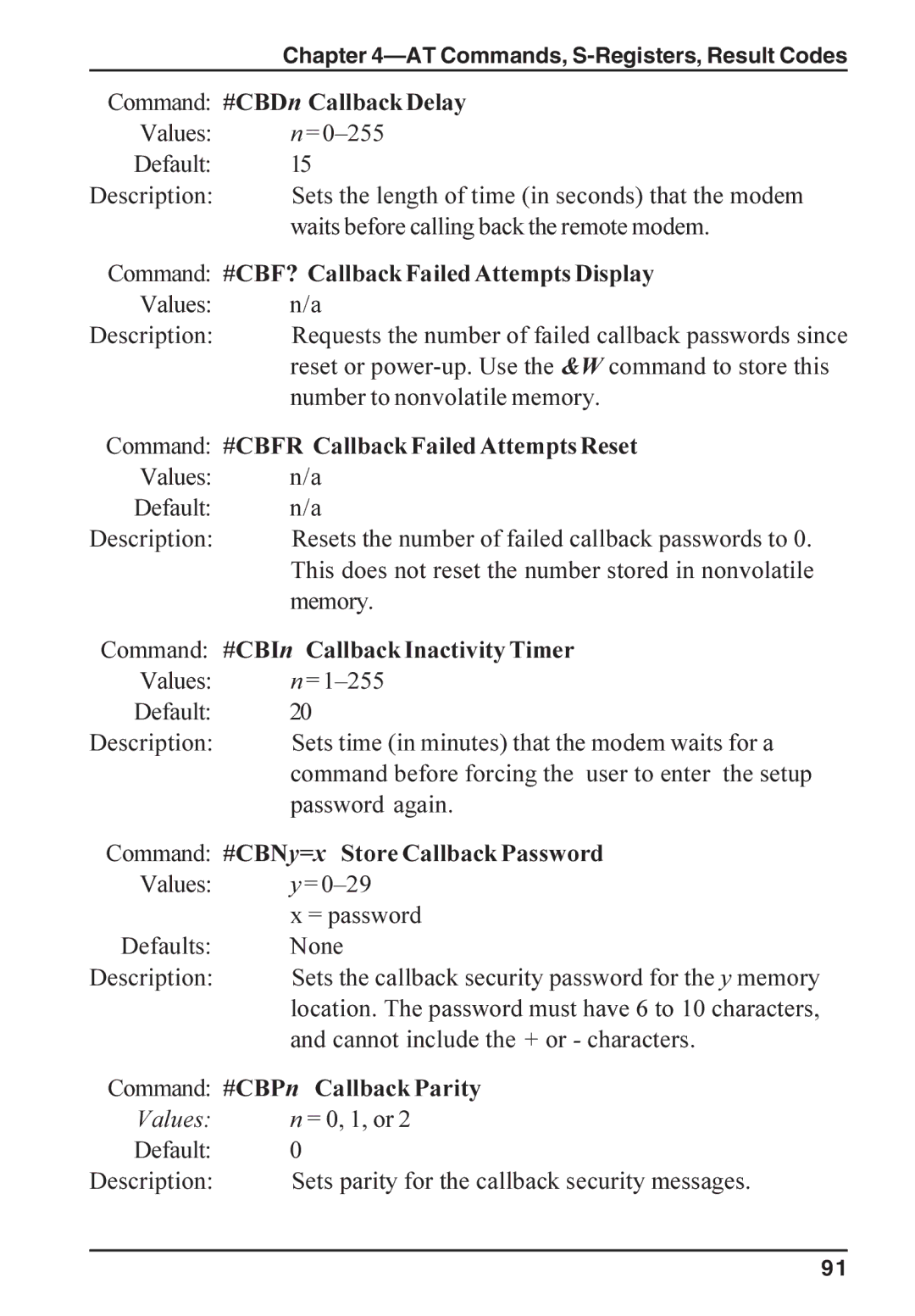 Multi-Tech Systems ISI5634PCI/4/8 manual Command #CBDn Callback Delay, Command #CBF? Callback Failed Attempts Display 