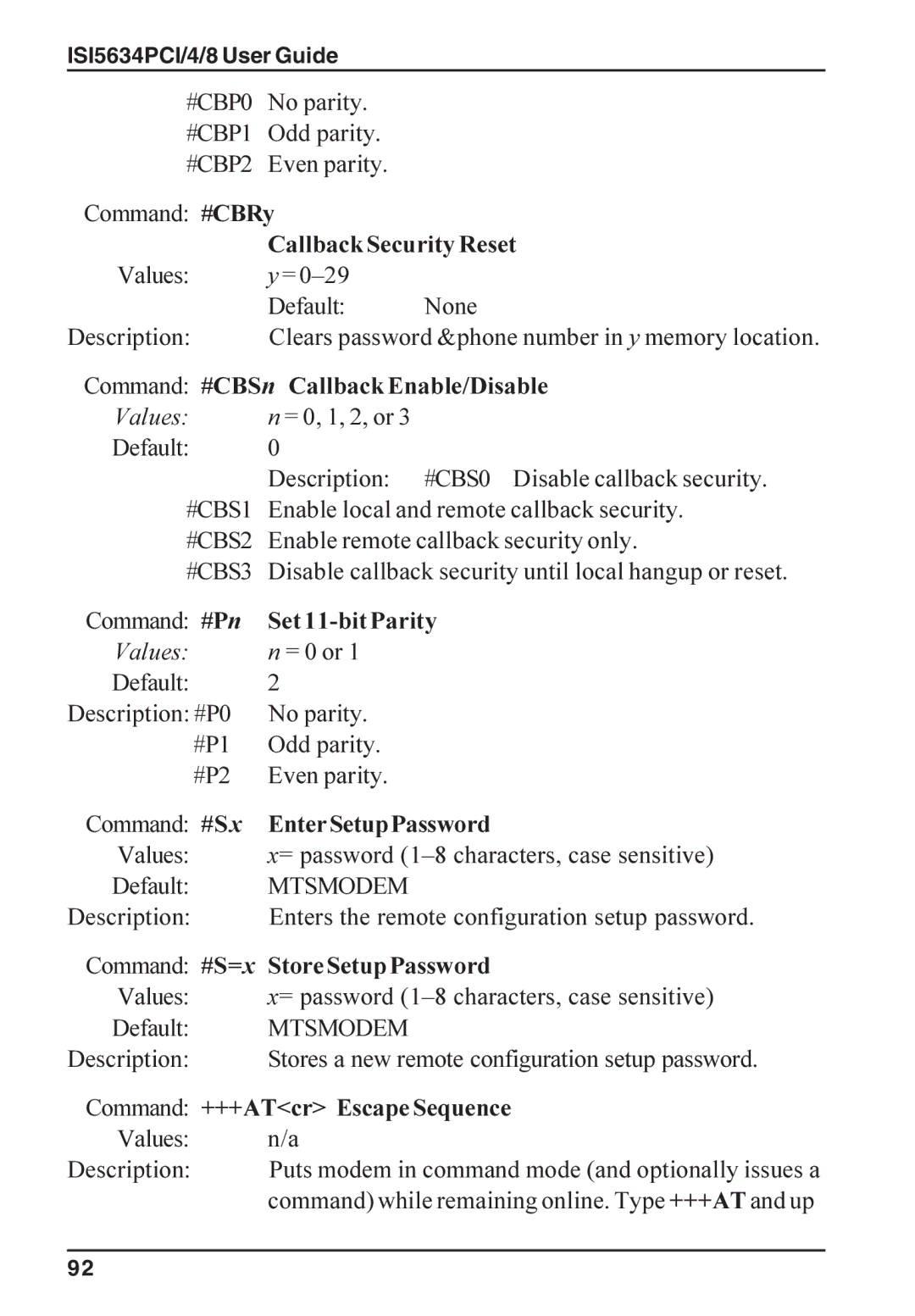 Multi-Tech Systems ISI5634PCI/4/8 manual Callback Security Reset, Command #CBSn Callback Enable/Disable, Set 11-bit Parity 