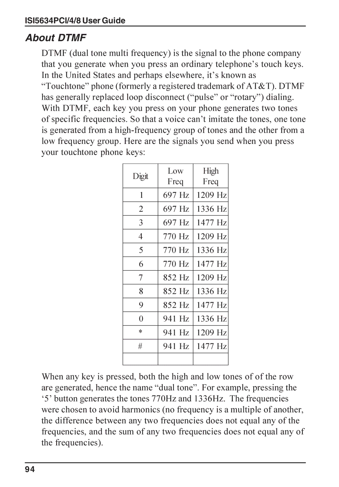 Multi-Tech Systems ISI5634PCI/4/8 manual About Dtmf, Digit Low High 