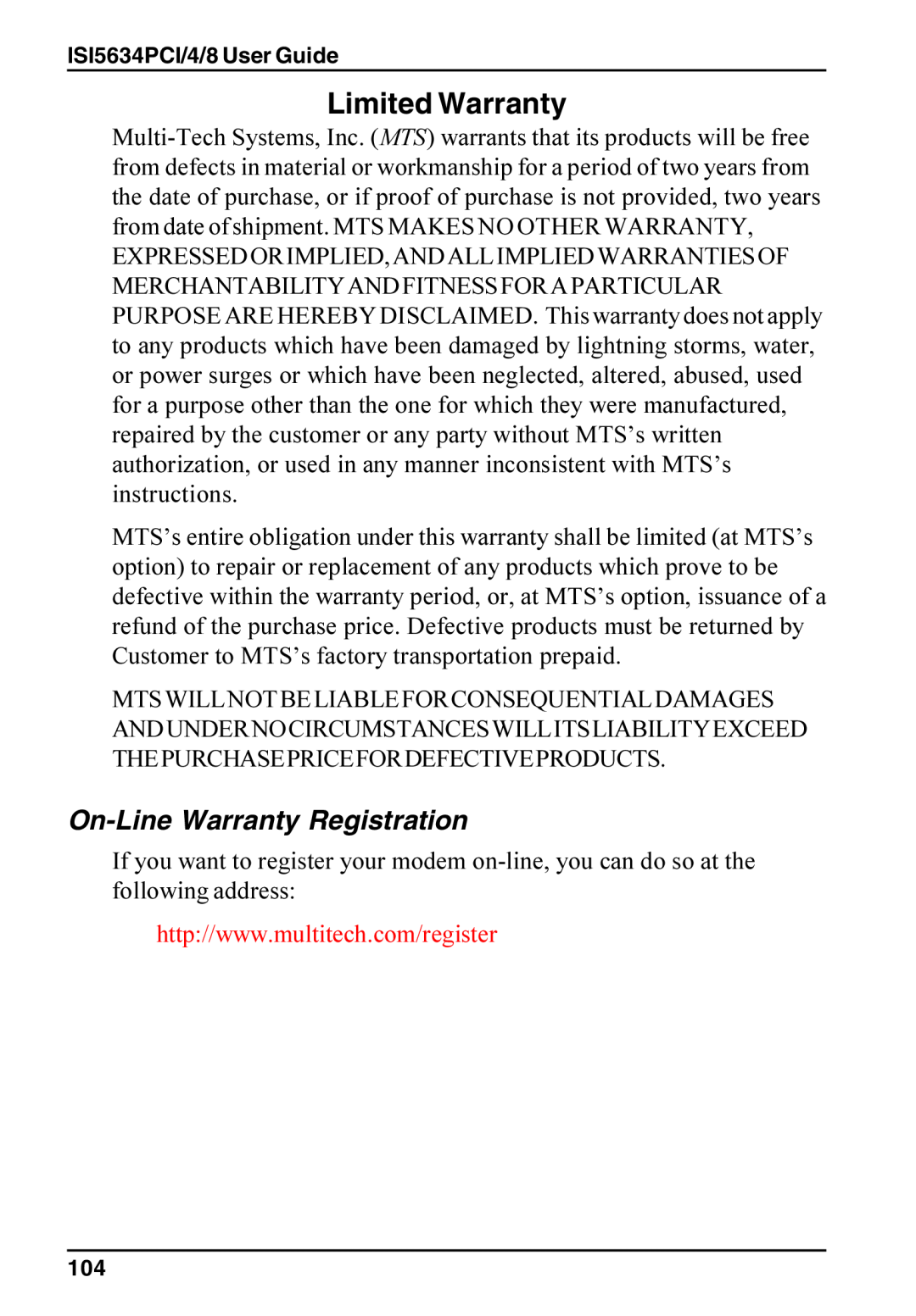 Multi-Tech Systems ISI5634PCI/4/8 manual Limited Warranty, On-Line Warranty Registration 