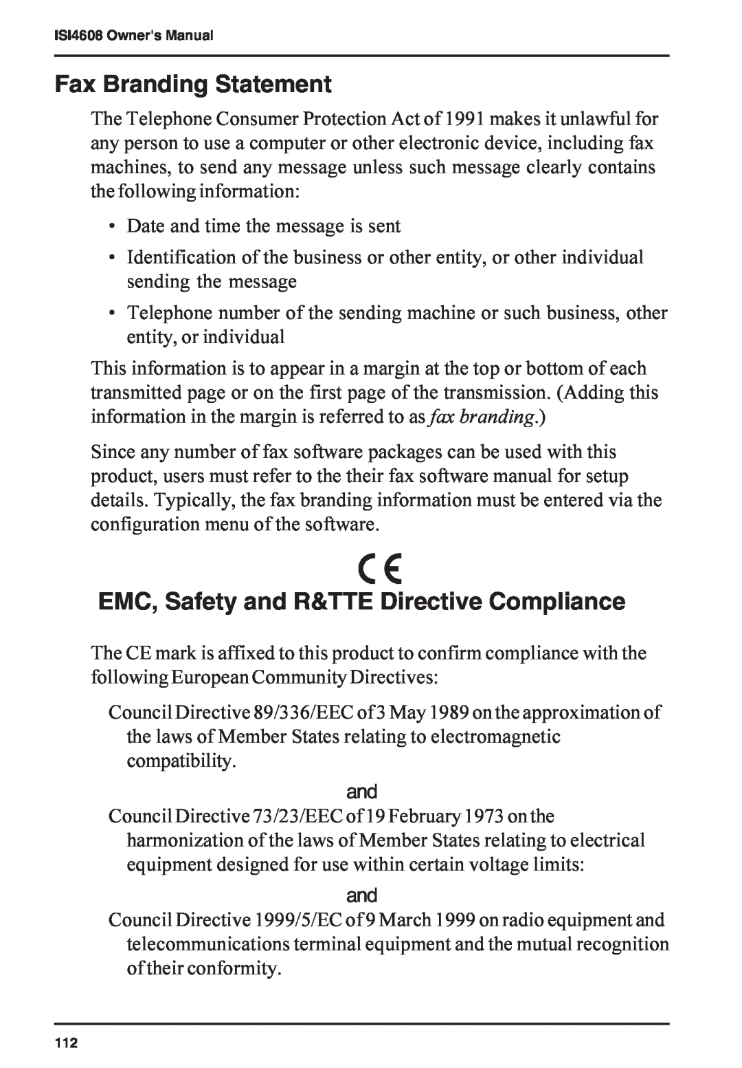 Multi-Tech Systems ISI5634PCI/4/8 manual Fax Branding Statement, EMC, Safety and R&TTE Directive Compliance 