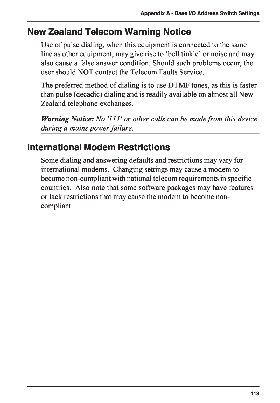 Multi-Tech Systems ISI5634PCI/4/8 manual New Zealand Telecom Warning Notice, International Modem Restrictions 