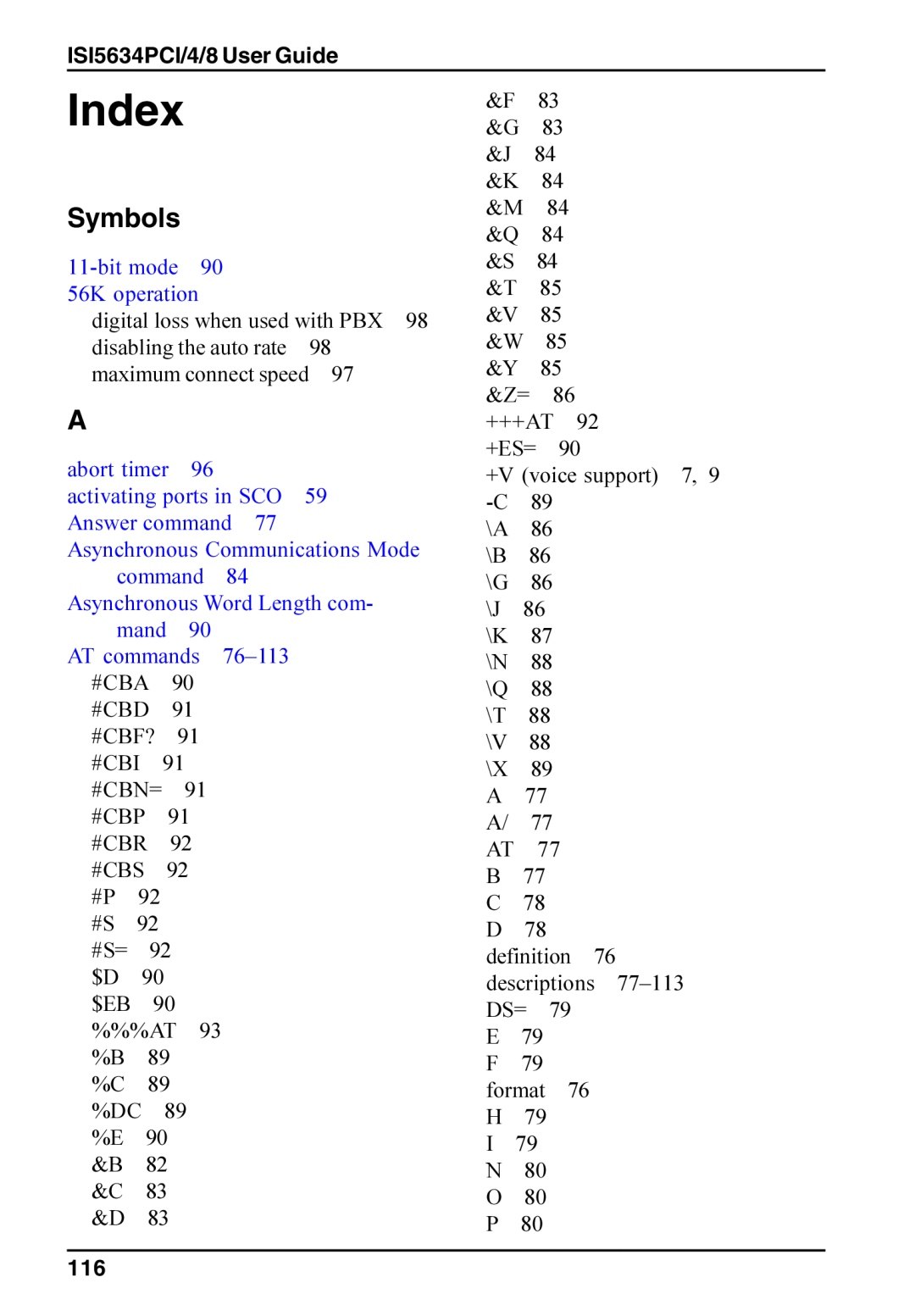 Multi-Tech Systems manual Index, Symbols, ISI5634PCI/4/8 User Guide 