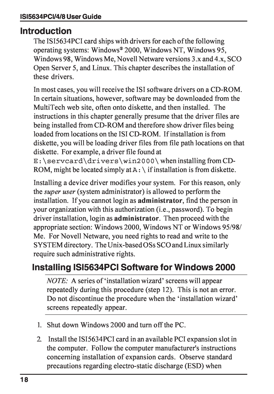 Multi-Tech Systems ISI5634PCI/4/8 manual Installing ISI5634PCI Software for Windows, Introduction 