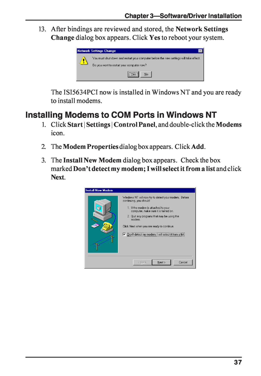 Multi-Tech Systems ISI5634PCI/4/8 manual Installing Modems to COM Ports in Windows NT 