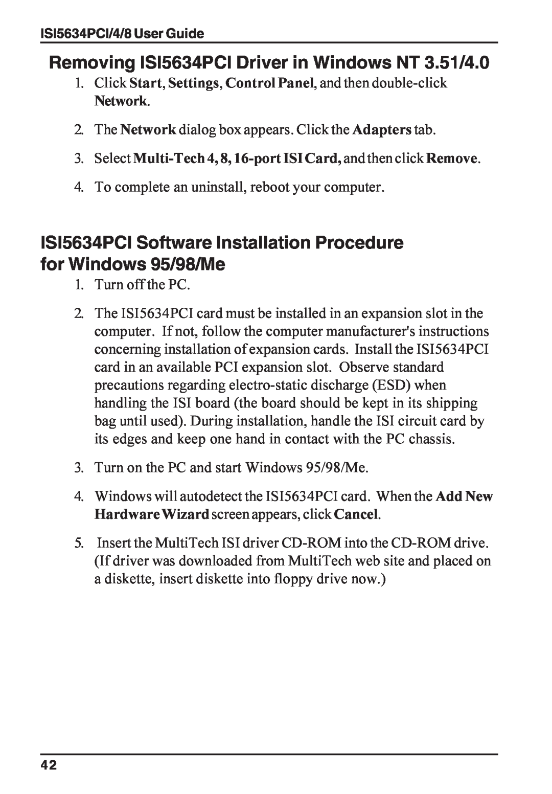 Multi-Tech Systems ISI5634PCI/4/8 manual Removing ISI5634PCI Driver in Windows NT 3.51/4.0 