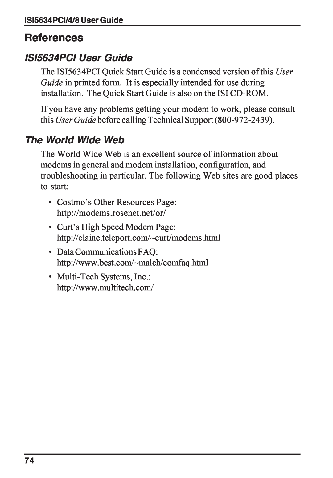 Multi-Tech Systems ISI5634PCI/4/8 manual References, ISI5634PCI User Guide, The World Wide Web 