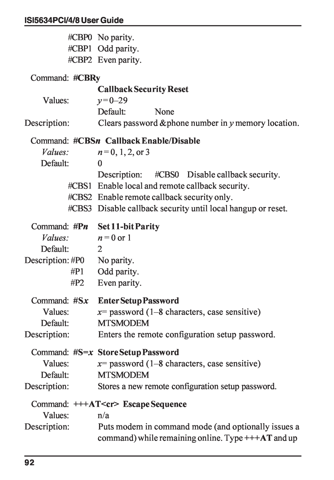 Multi-Tech Systems ISI5634PCI/4/8 manual Callback Security Reset, Command #CBSn Callback Enable/Disable, Set 11-bit Parity 