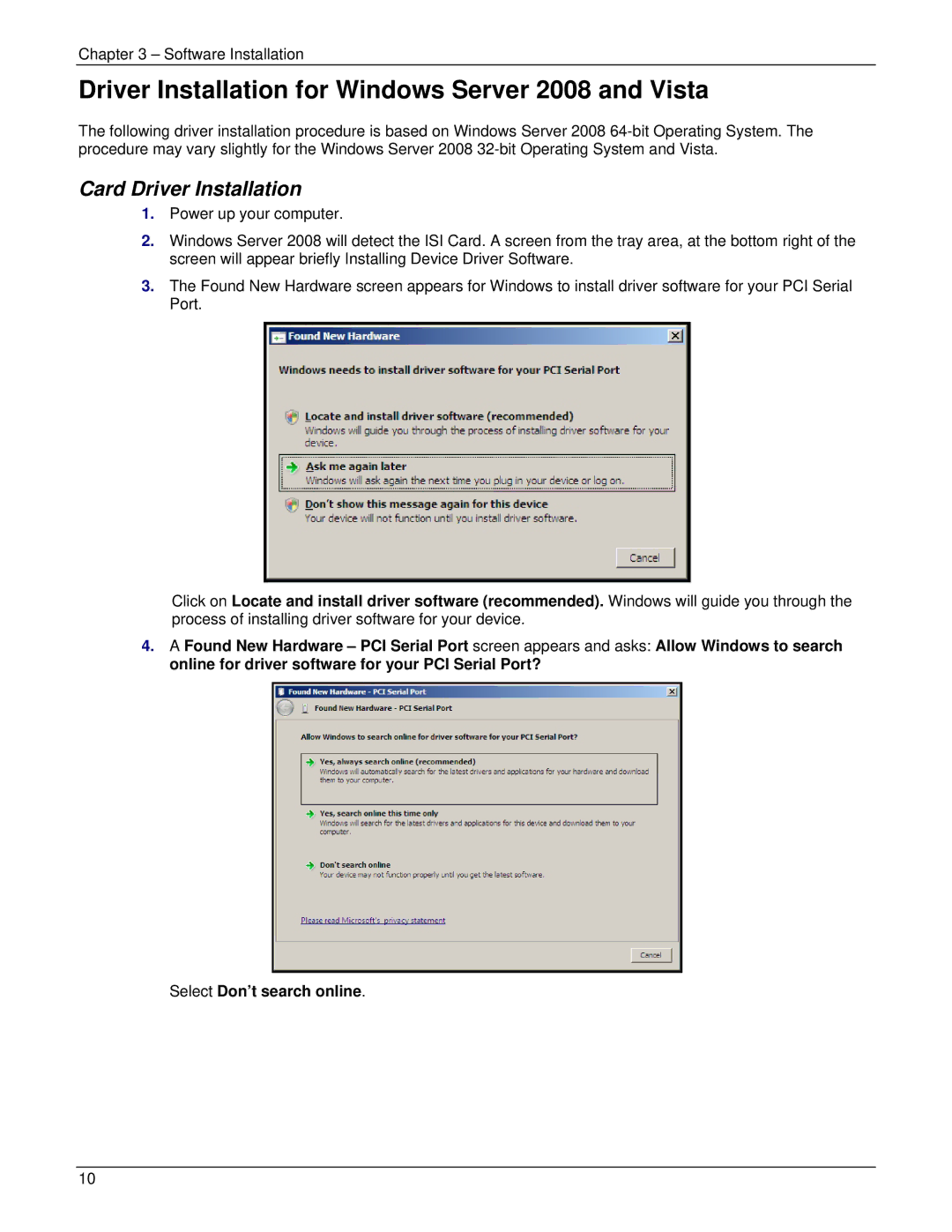 Multi-Tech Systems ISI5634UPCI manual Driver Installation for Windows Server 2008 and Vista, Card Driver Installation 