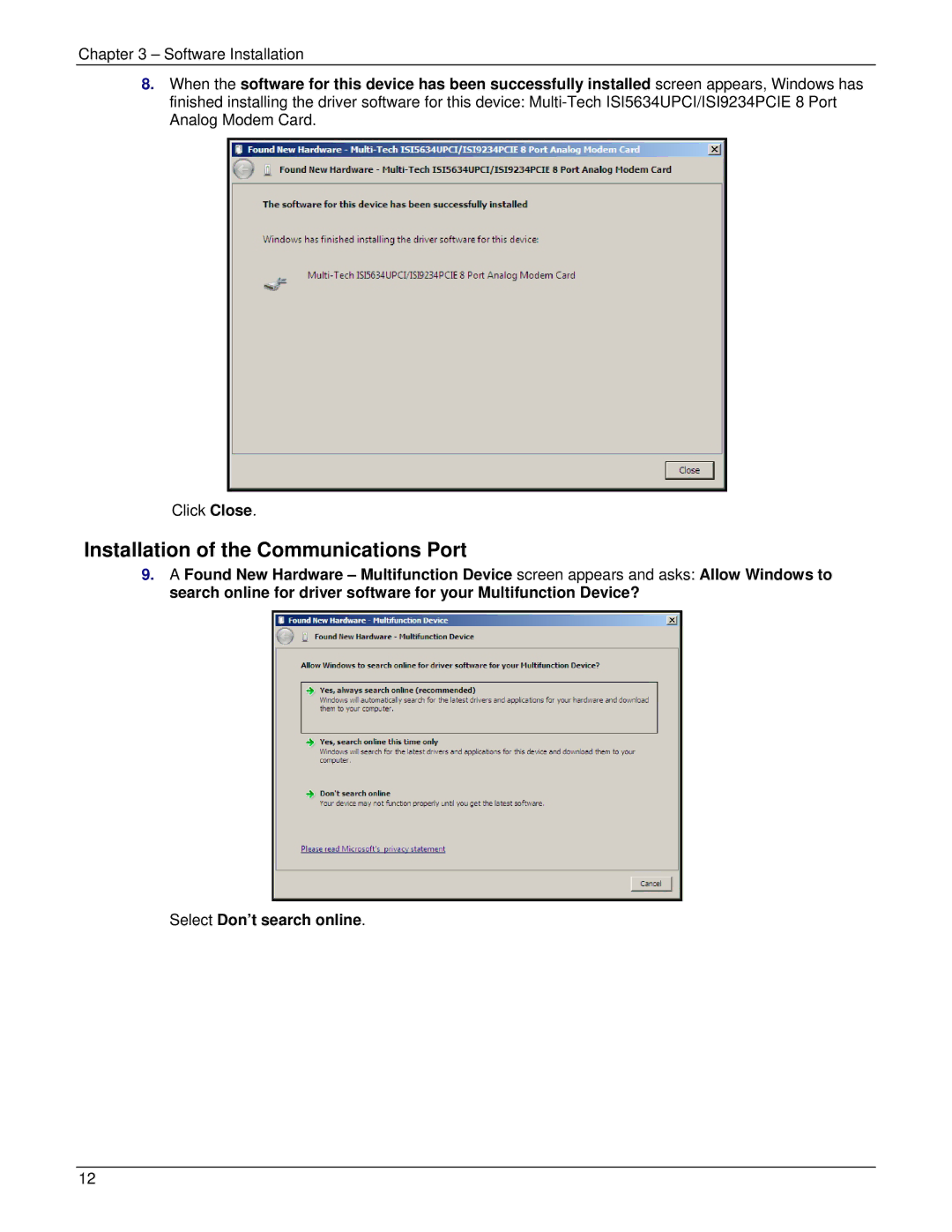 Multi-Tech Systems ISI5634UPCI manual Installation of the Communications Port 