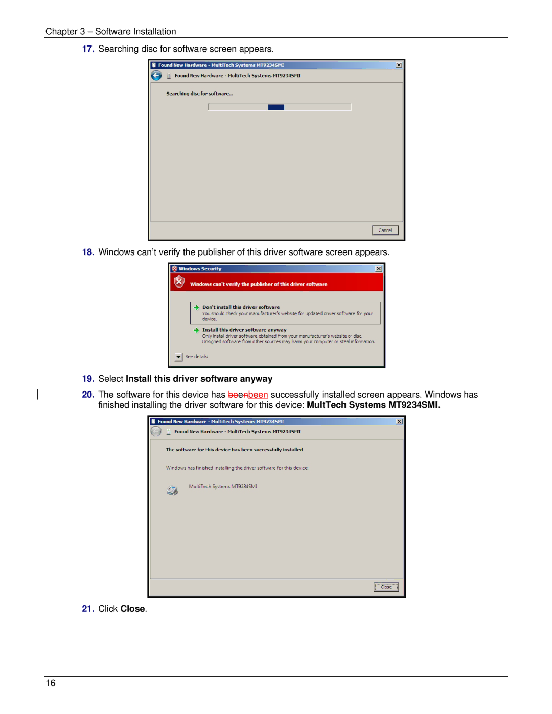 Multi-Tech Systems ISI5634UPCI manual Select Install this driver software anyway 