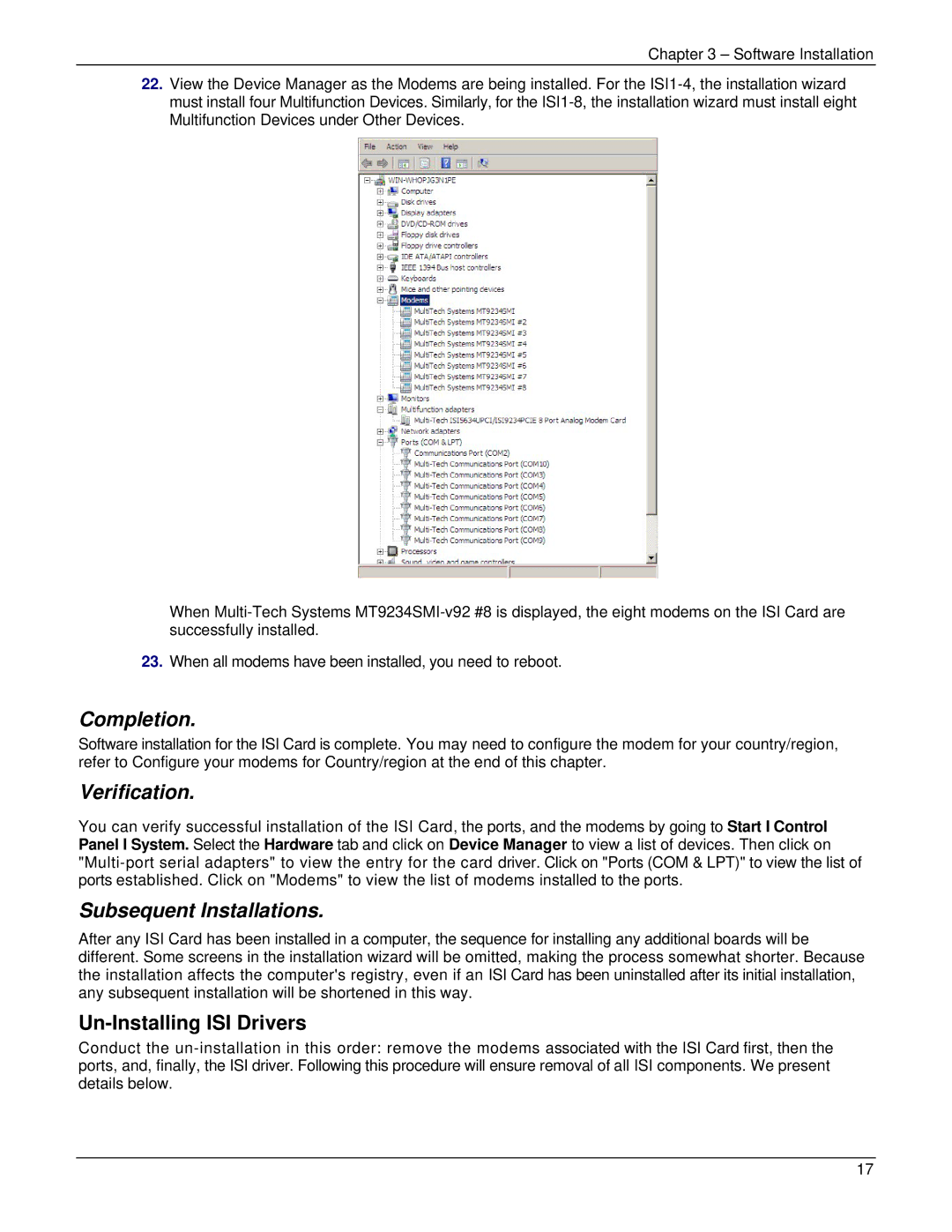 Multi-Tech Systems ISI5634UPCI manual Completion, Un-Installing ISI Drivers 