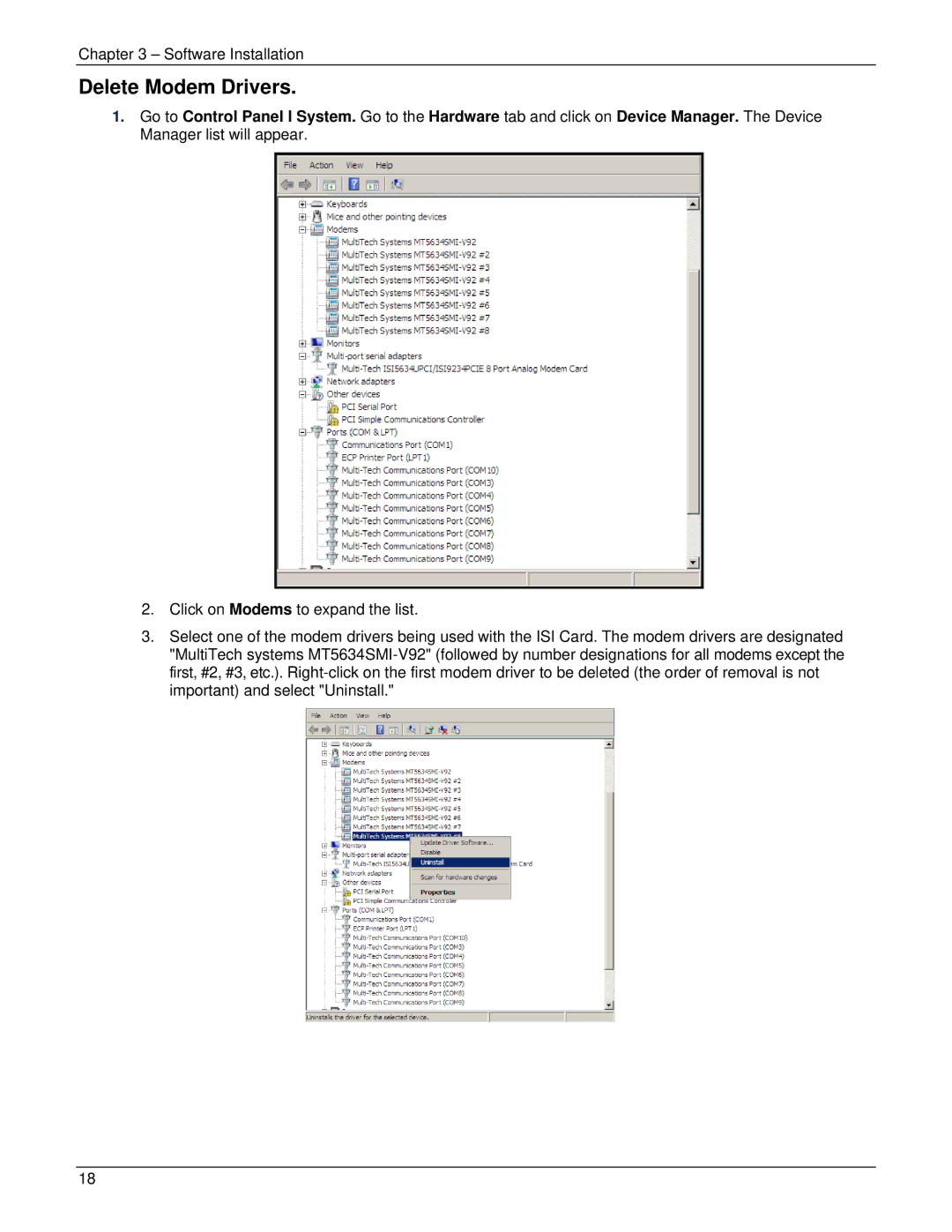 Multi-Tech Systems ISI5634UPCI manual Delete Modem Drivers 