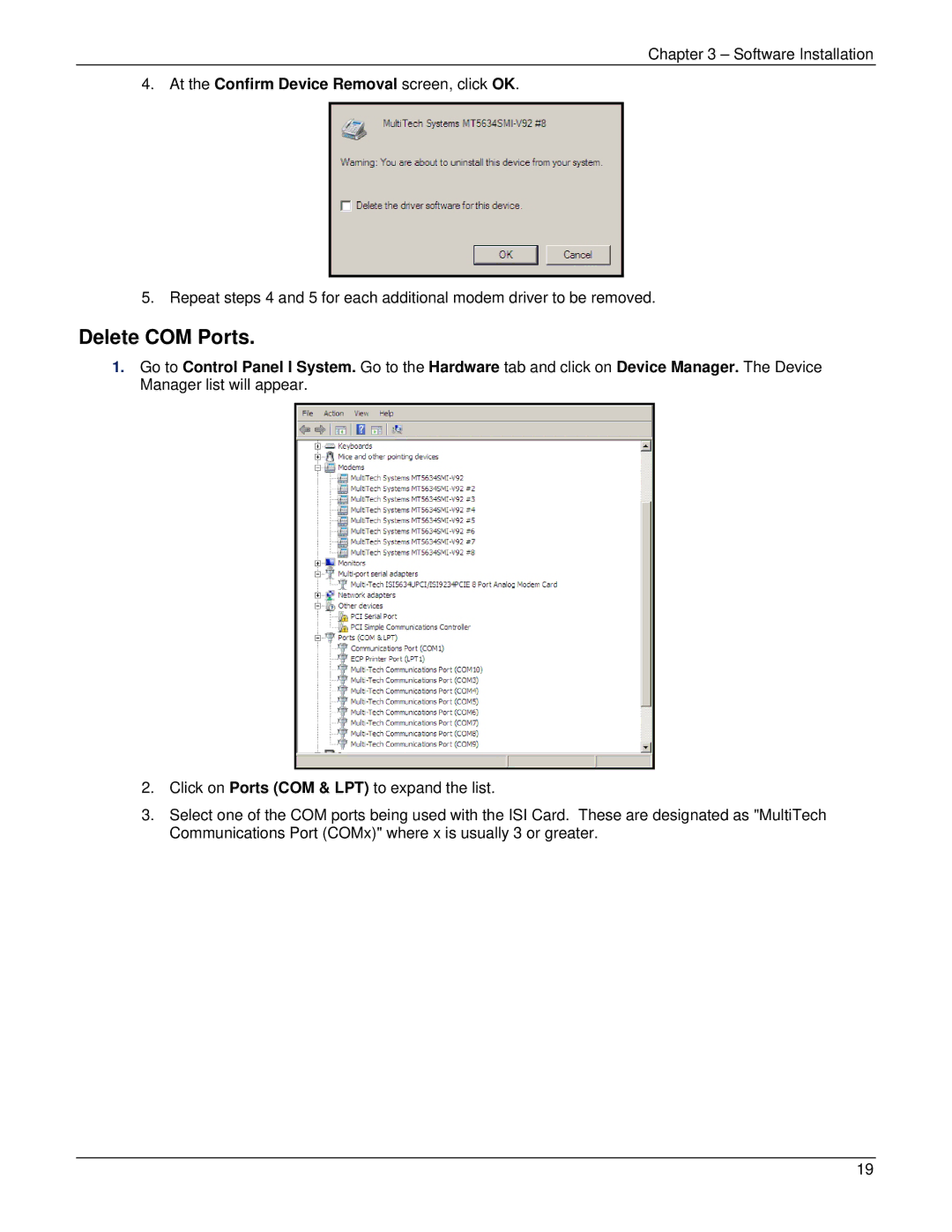 Multi-Tech Systems ISI5634UPCI manual Delete COM Ports 