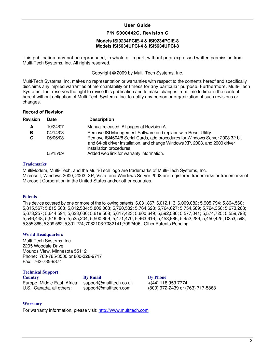 Multi-Tech Systems ISI5634UPCI manual Record of Revision 