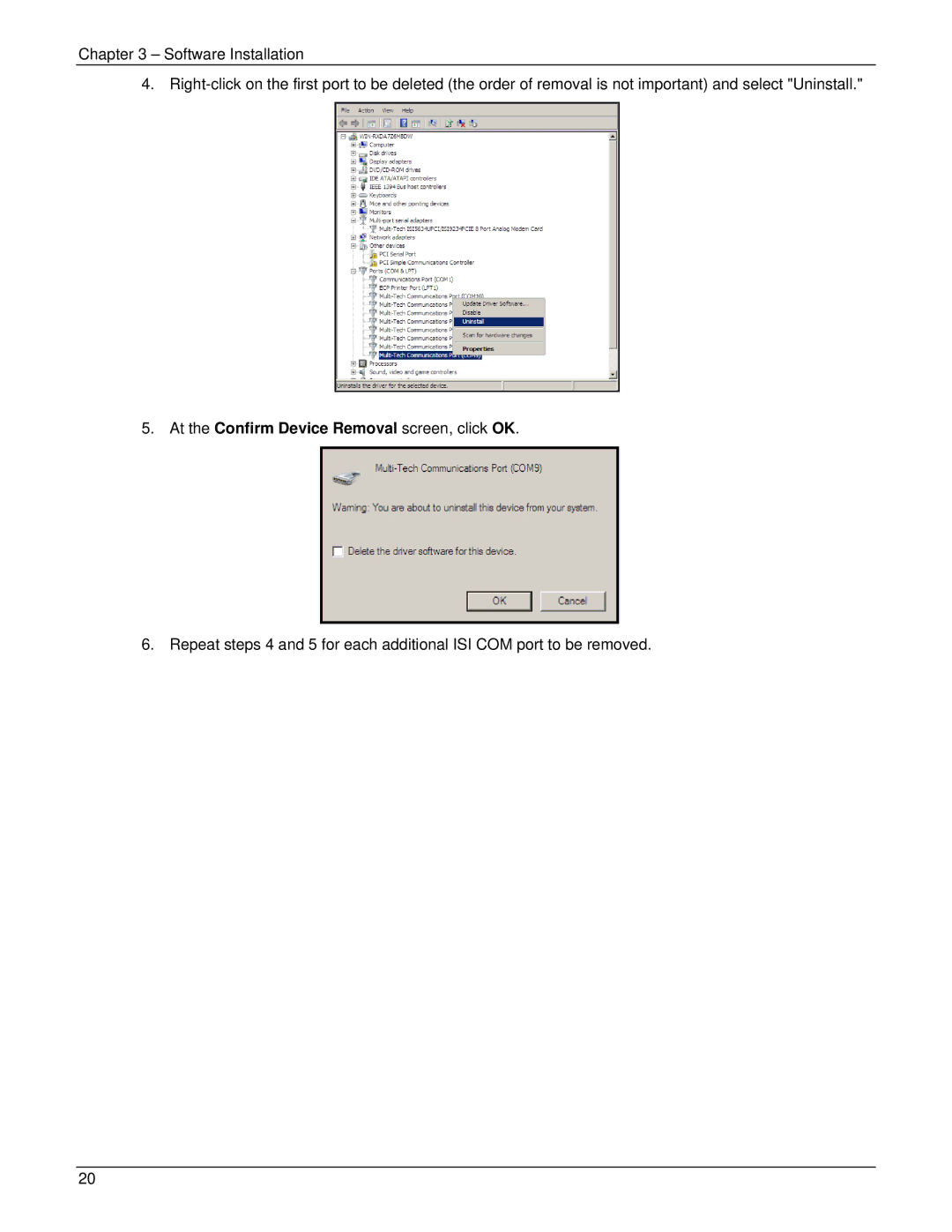 Multi-Tech Systems ISI5634UPCI manual At the Confirm Device Removal screen, click OK 