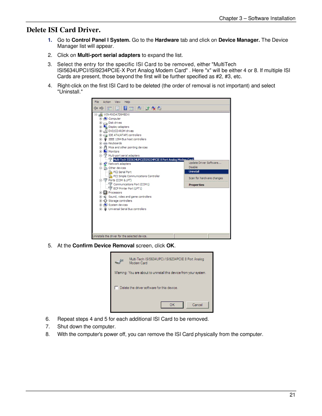 Multi-Tech Systems ISI5634UPCI manual Delete ISI Card Driver 