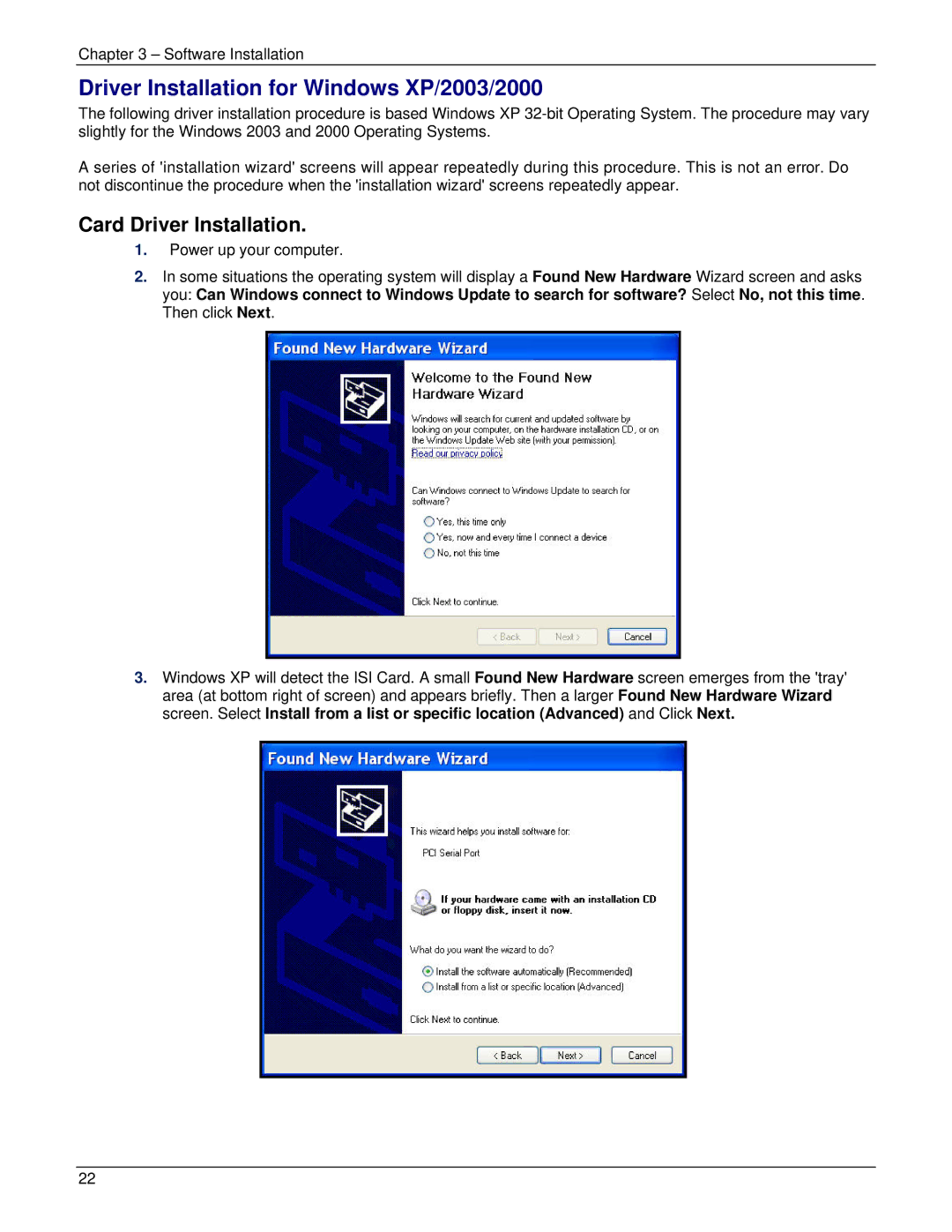 Multi-Tech Systems ISI5634UPCI manual Driver Installation for Windows XP/2003/2000, Card Driver Installation 