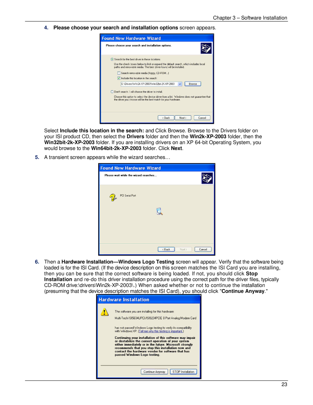 Multi-Tech Systems ISI5634UPCI manual Software Installation 