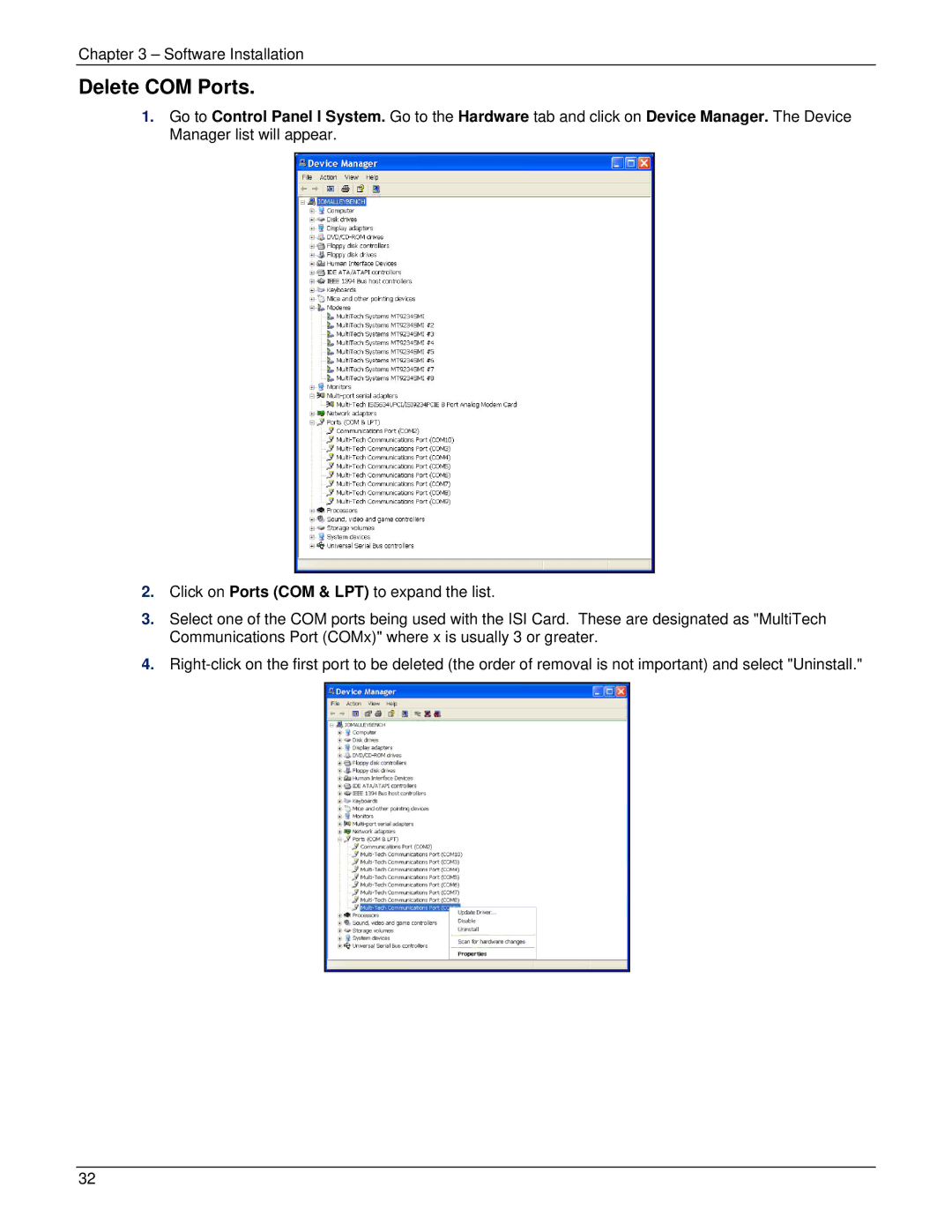 Multi-Tech Systems ISI5634UPCI manual Delete COM Ports 