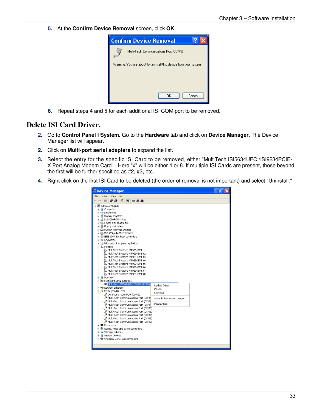 Multi-Tech Systems ISI5634UPCI manual Delete ISI Card Driver 