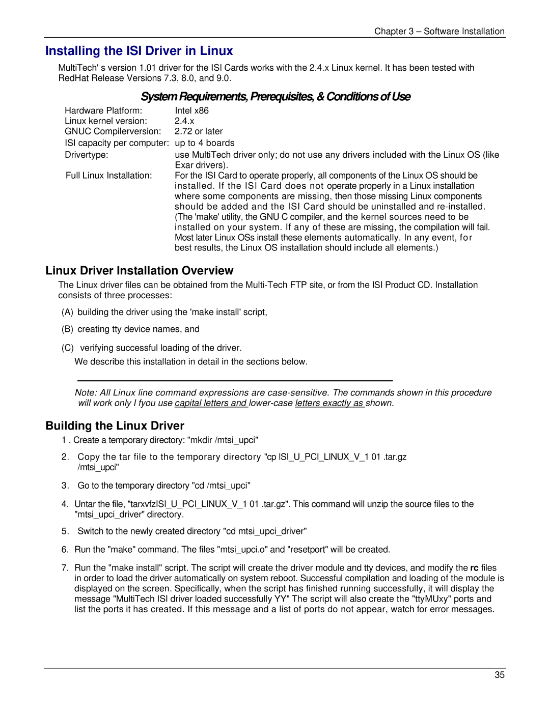 Multi-Tech Systems ISI5634UPCI manual Installing the ISI Driver in Linux, Linux Driver Installation Overview 