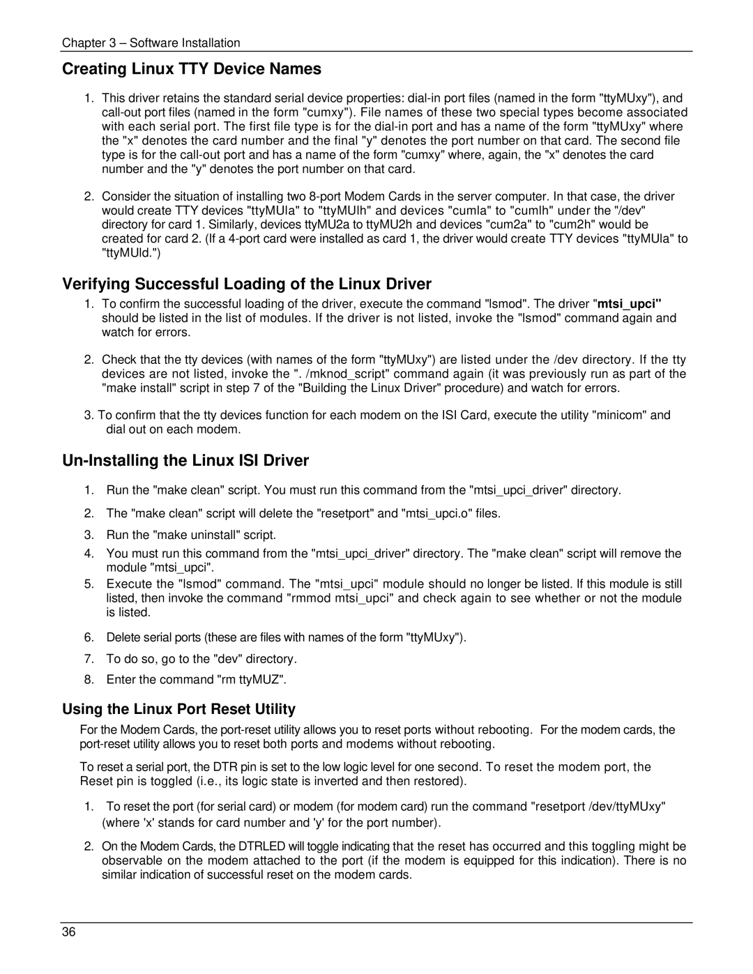 Multi-Tech Systems ISI5634UPCI manual Creating Linux TTY Device Names, Verifying Successful Loading of the Linux Driver 