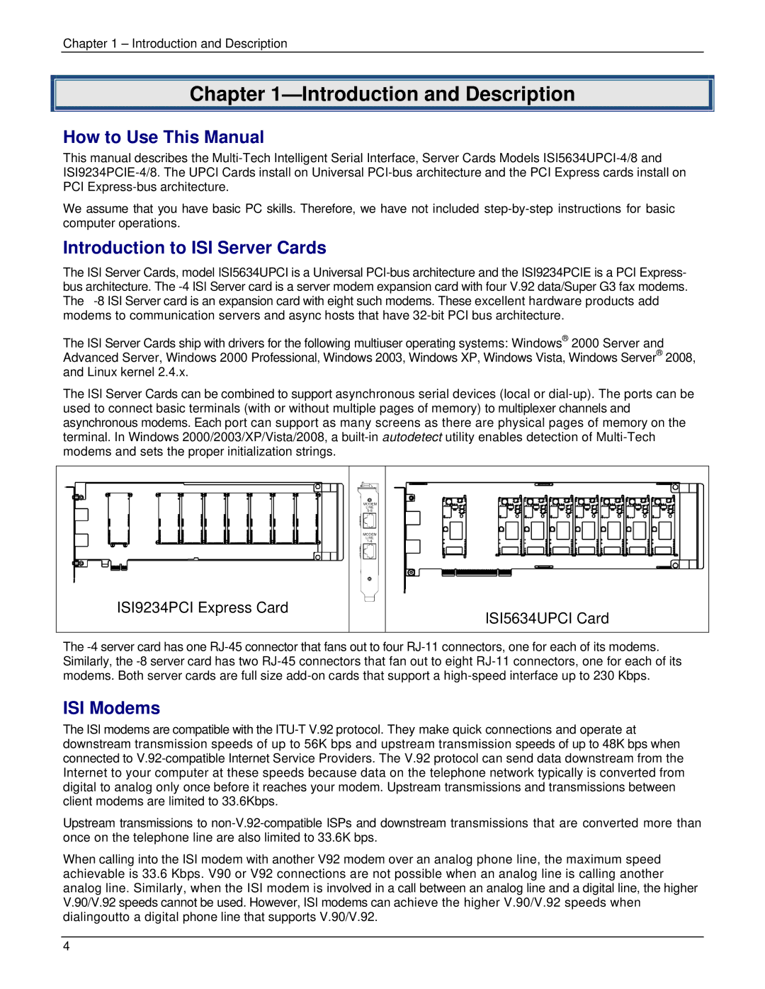 Multi-Tech Systems ISI5634UPCI Introduction and Description, How to Use This Manual, Introduction to ISI Server Cards 