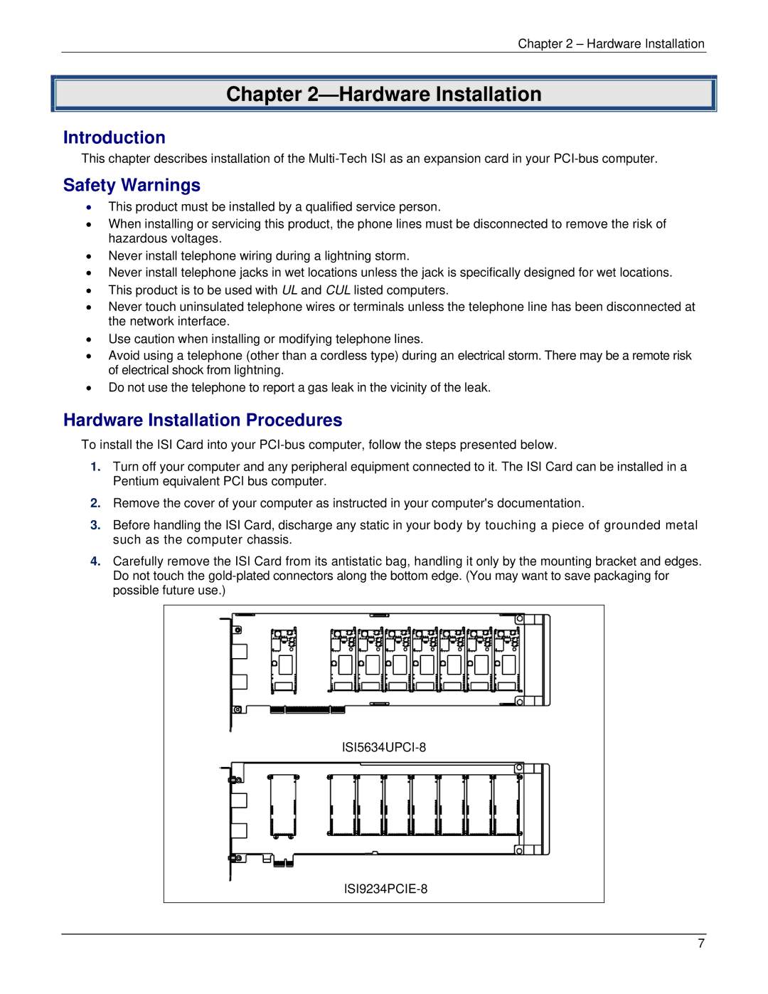 Multi-Tech Systems ISI5634UPCI manual Introduction, Safety Warnings, Hardware Installation Procedures 