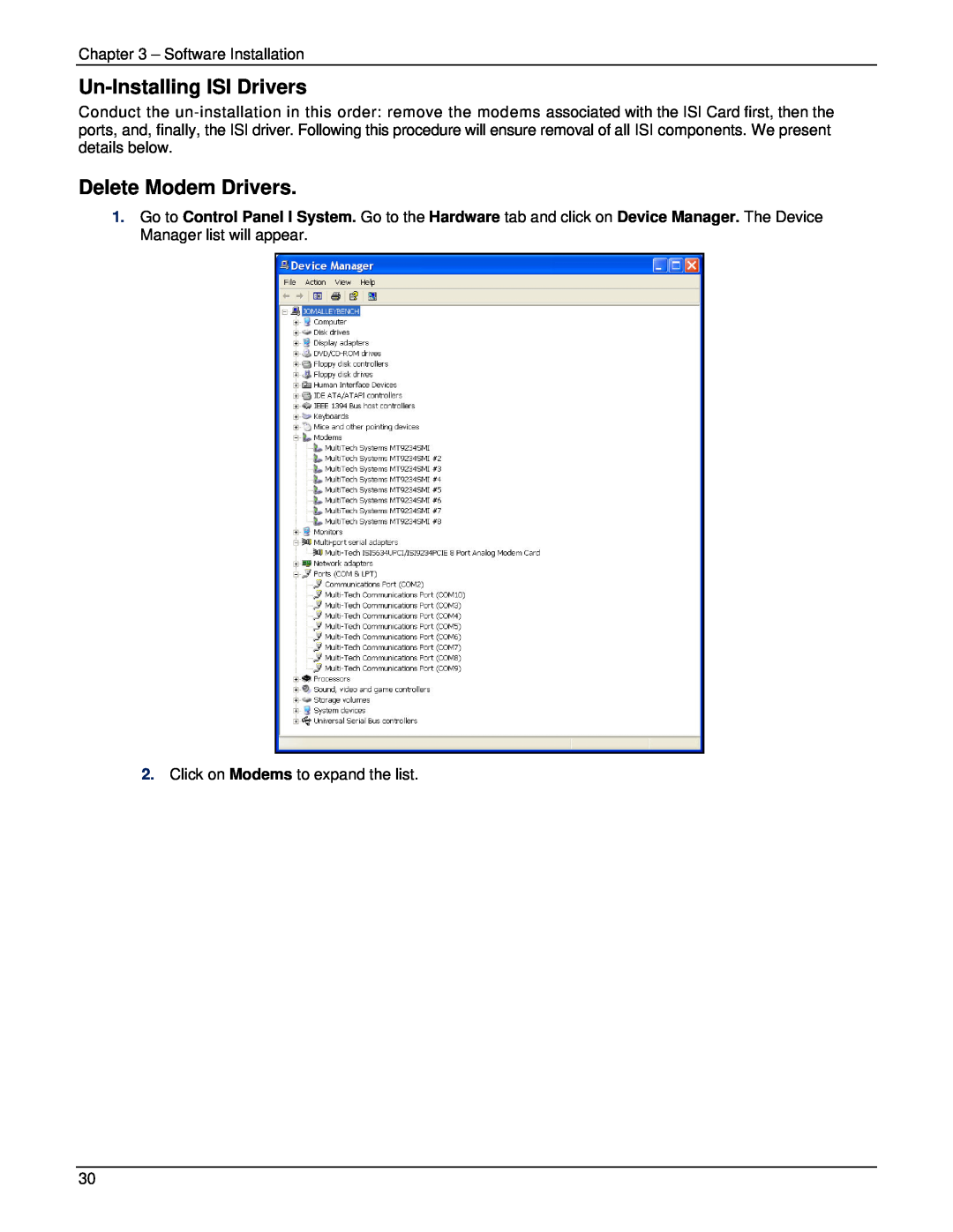 Multi-Tech Systems ISI5634UPCI manual Un-Installing ISI Drivers, Delete Modem Drivers 