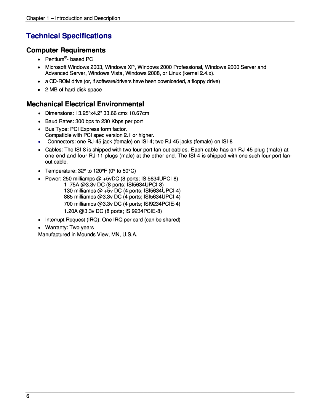 Multi-Tech Systems ISI5634UPCI manual Technical Specifications, Computer Requirements, Mechanical Electrical Environmental 