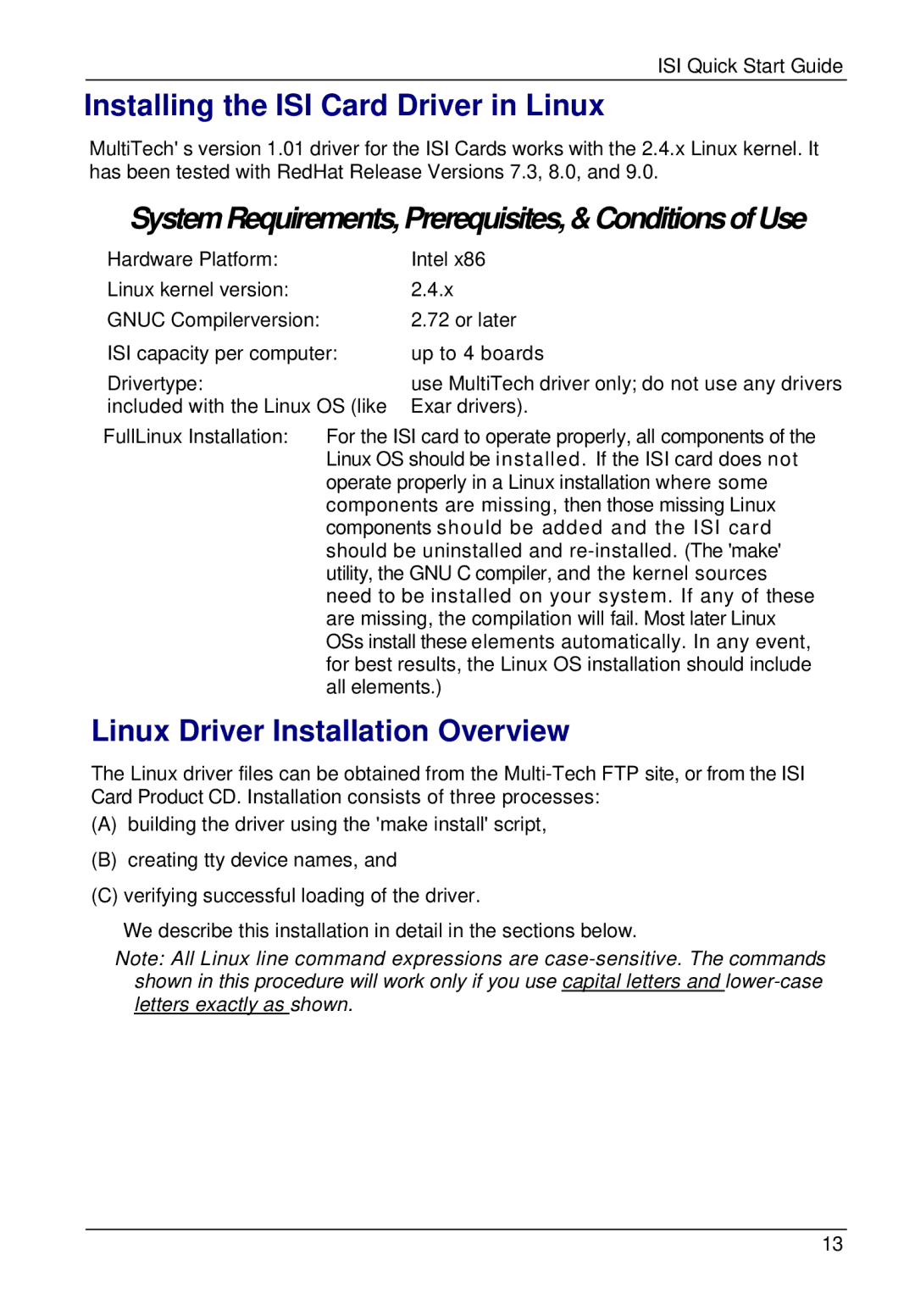 Multi-Tech Systems ISI5634UPCI, ISI9234PCIE Installing the ISI Card Driver in Linux, Linux Driver Installation Overview 