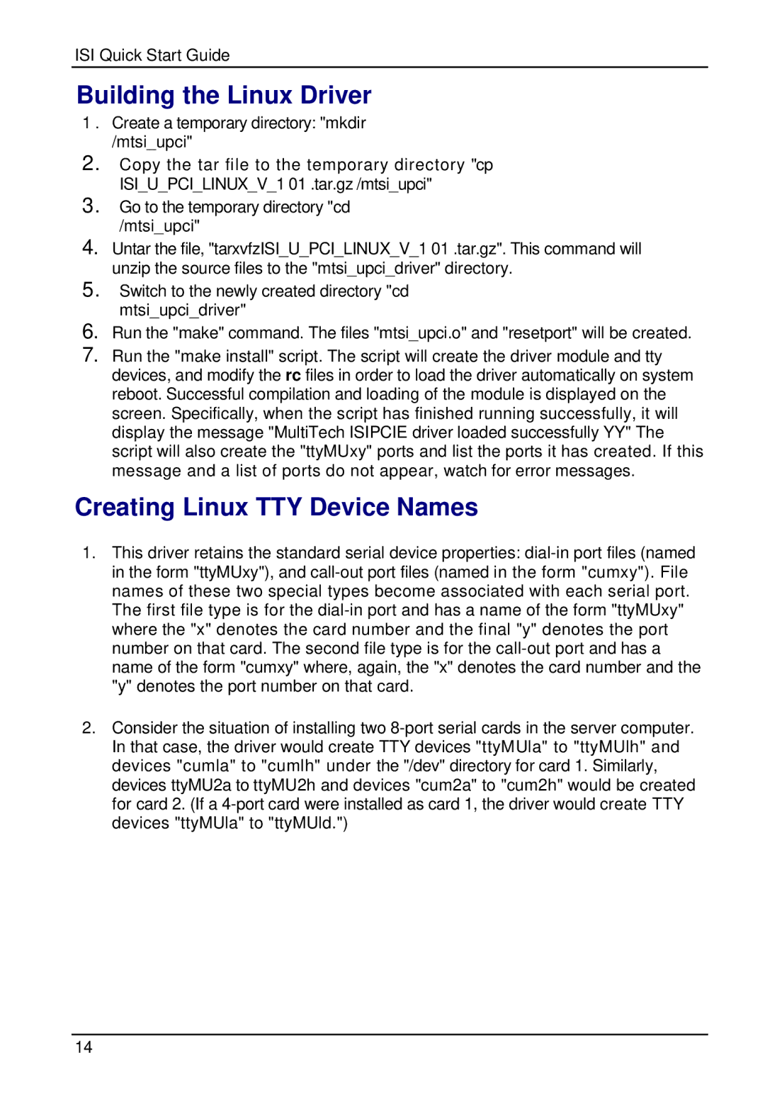 Multi-Tech Systems ISI9234PCIE, ISI5634UPCI quick start Building the Linux Driver, Creating Linux TTY Device Names 