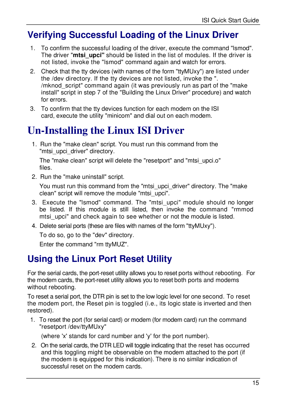 Multi-Tech Systems ISI5634UPCI Verifying Successful Loading of the Linux Driver, Using the Linux Port Reset Utility 