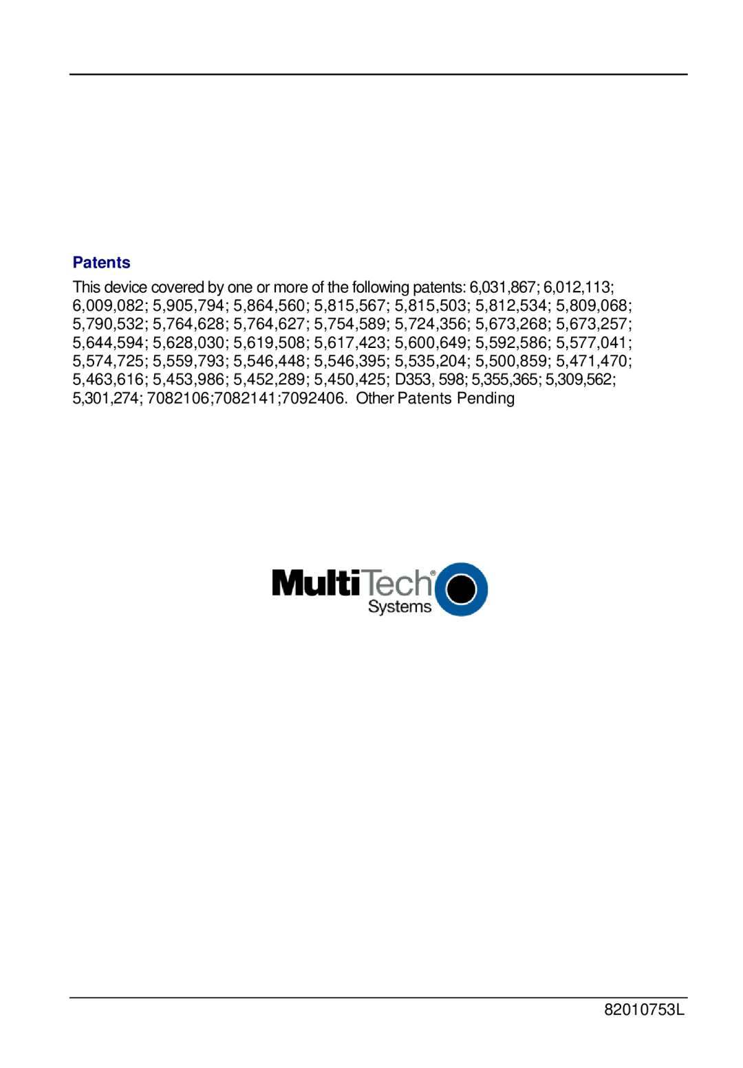 Multi-Tech Systems ISI9234PCIE, ISI5634UPCI quick start Patents 