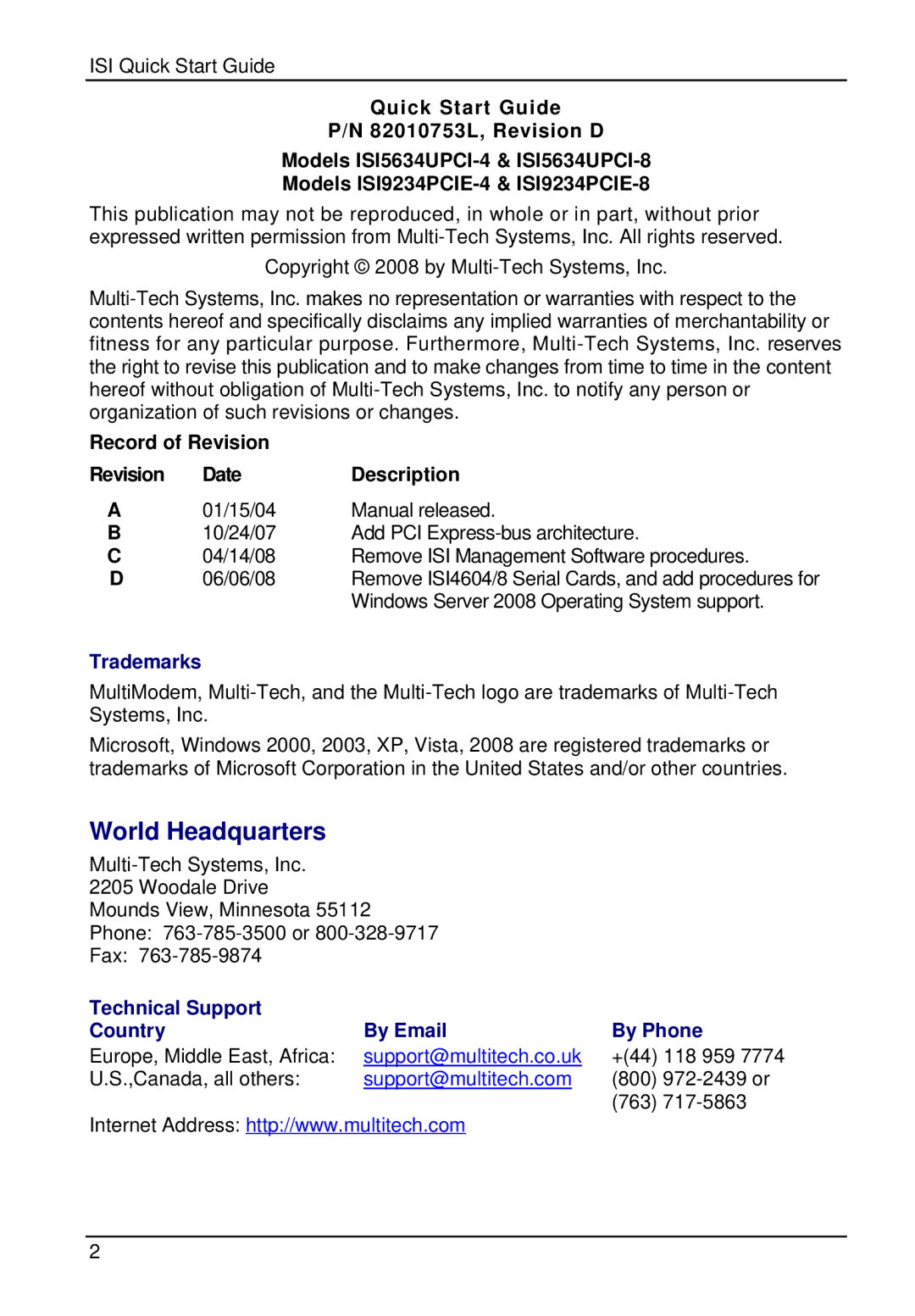 Multi-Tech Systems ISI9234PCIE, ISI5634UPCI quick start Record of Revision Date Description, Trademarks 