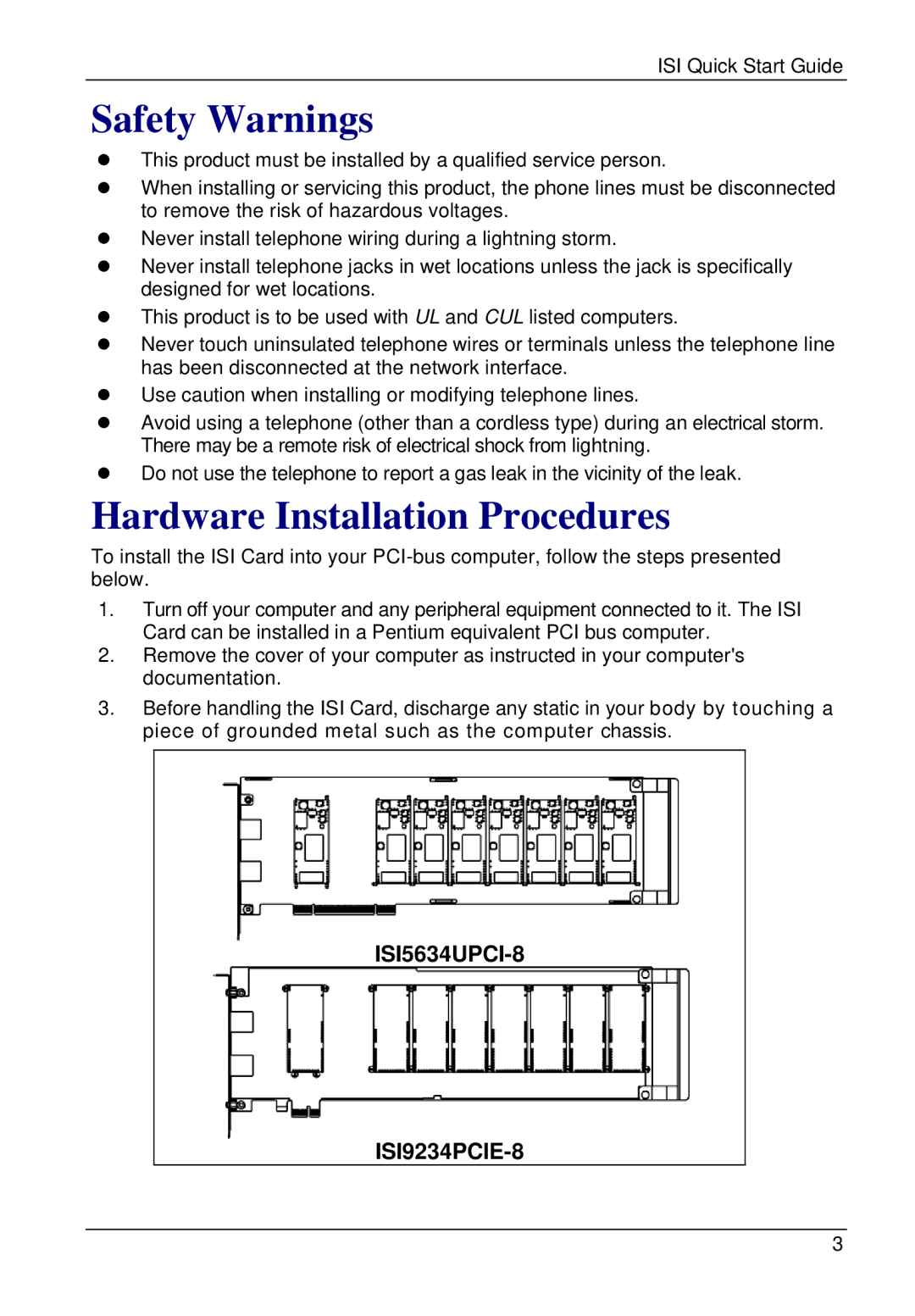 Multi-Tech Systems ISI5634UPCI, ISI9234PCIE quick start Safety Warnings 