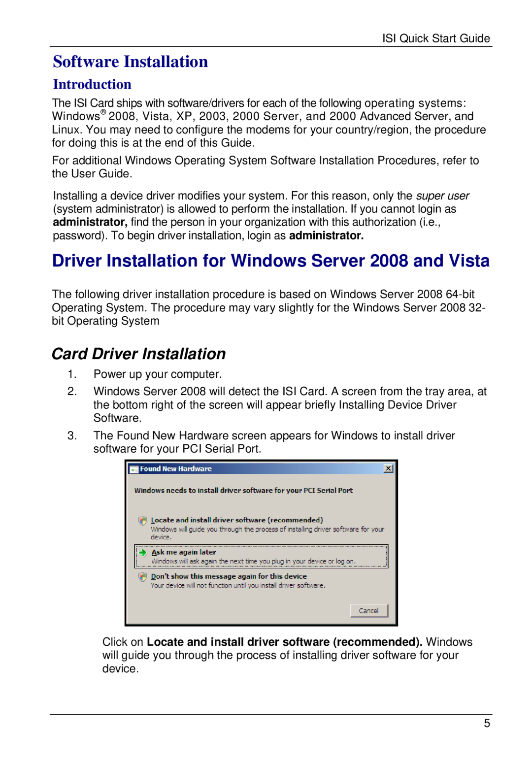 Multi-Tech Systems ISI5634UPCI, ISI9234PCIE Software Installation, Driver Installation for Windows Server 2008 and Vista 