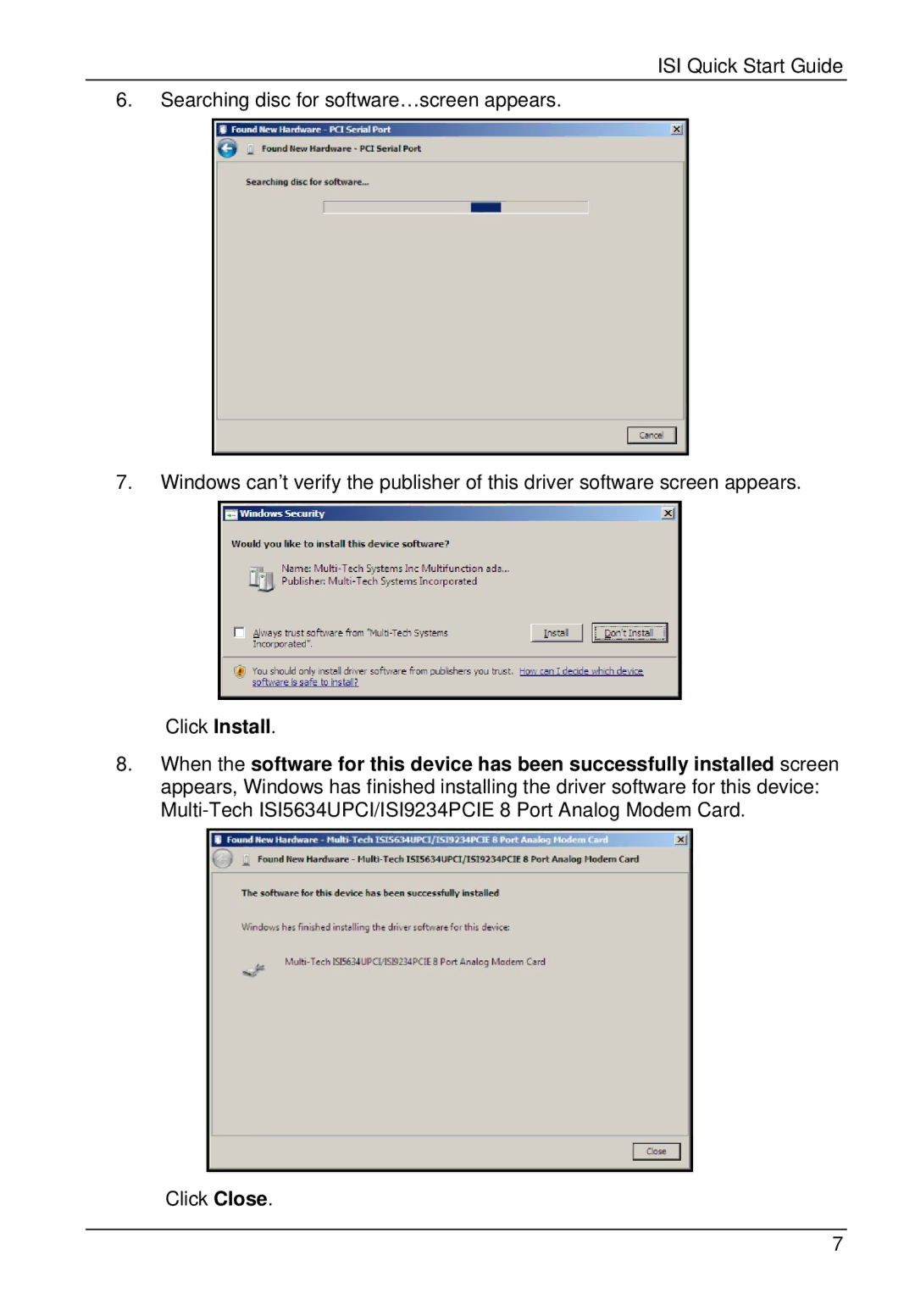 Multi-Tech Systems ISI5634UPCI, ISI9234PCIE quick start Click Close 