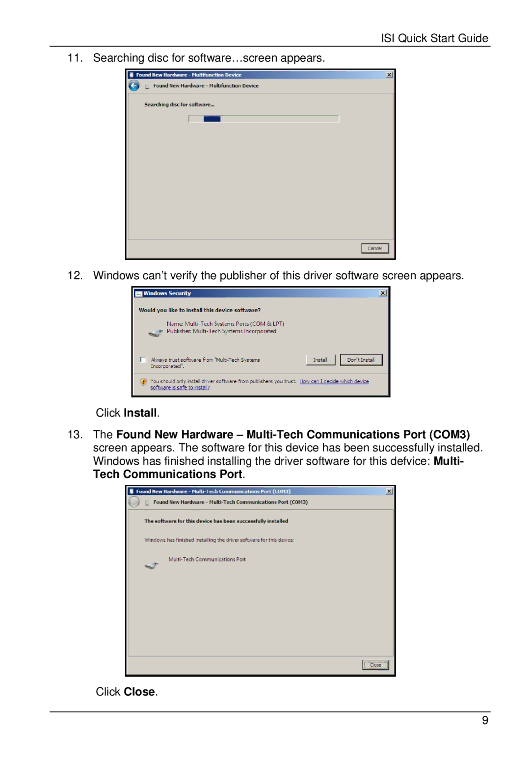 Multi-Tech Systems ISI5634UPCI, ISI9234PCIE quick start Click Close 