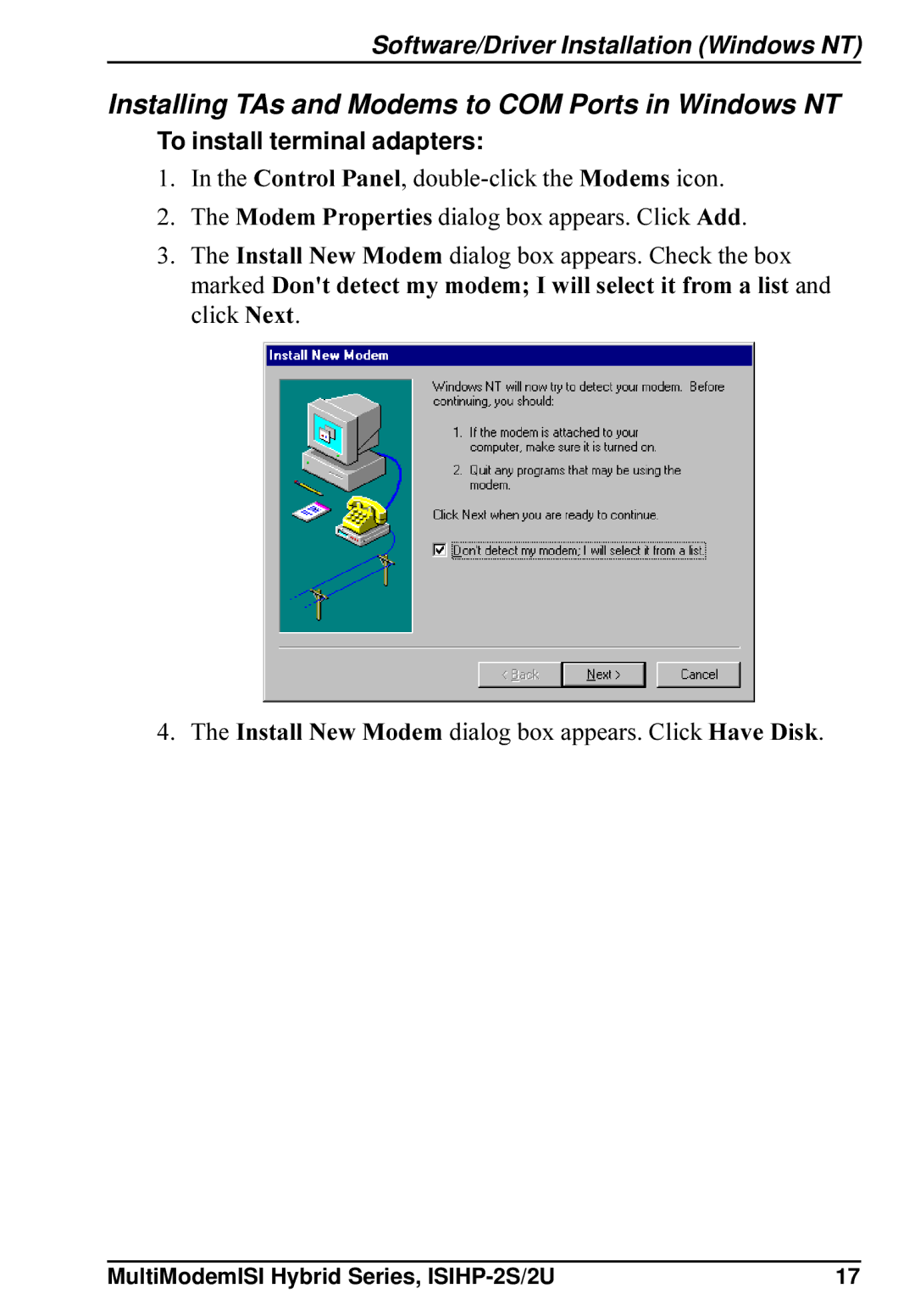 Multi-Tech Systems ISIHP-2U, ISIHP-2S Installing TAs and Modems to COM Ports in Windows NT, To install terminal adapters 