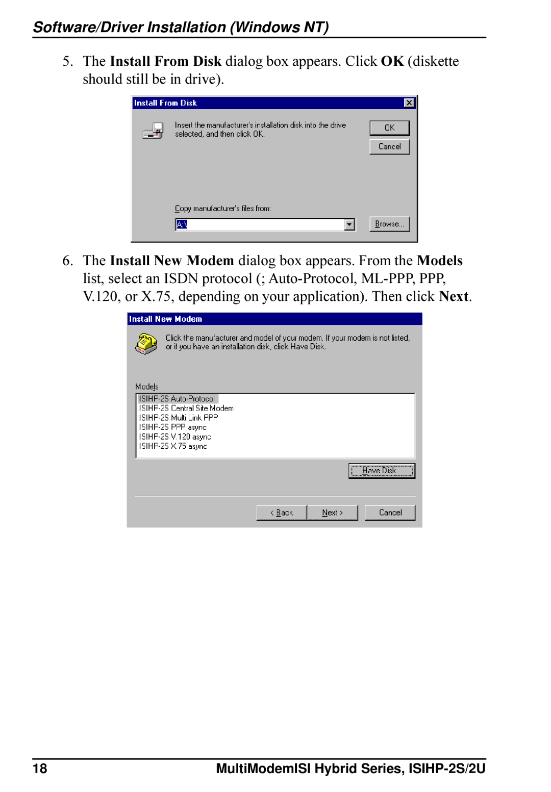 Multi-Tech Systems ISIHP-2S, ISIHP-2U quick start Software/Driver Installation Windows NT 
