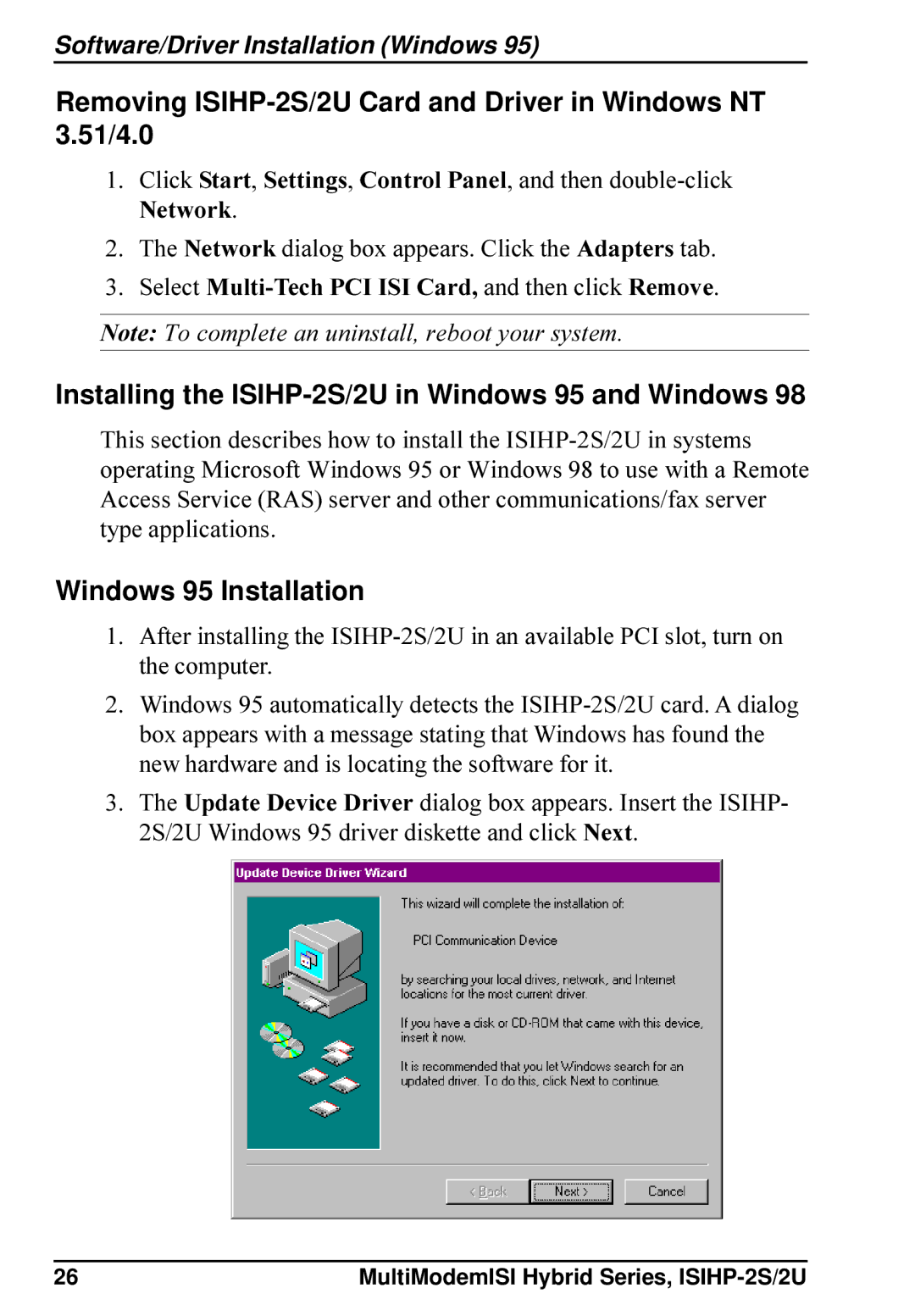 Multi-Tech Systems ISIHP-2U quick start Removing ISIHP-2S/2U Card and Driver in Windows NT 3.51/4.0 