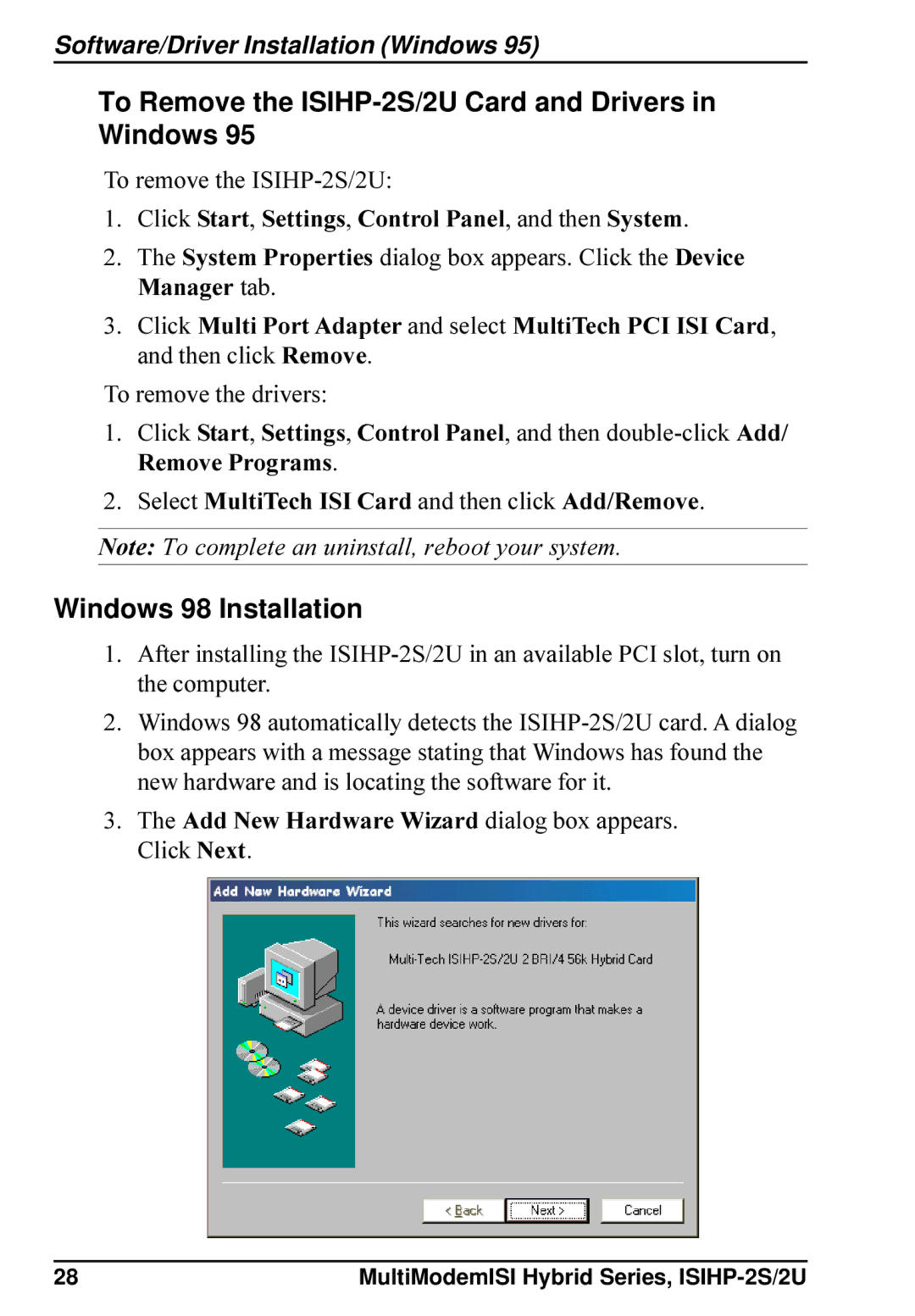 Multi-Tech Systems ISIHP-2U quick start To Remove the ISIHP-2S/2U Card and Drivers in Windows 