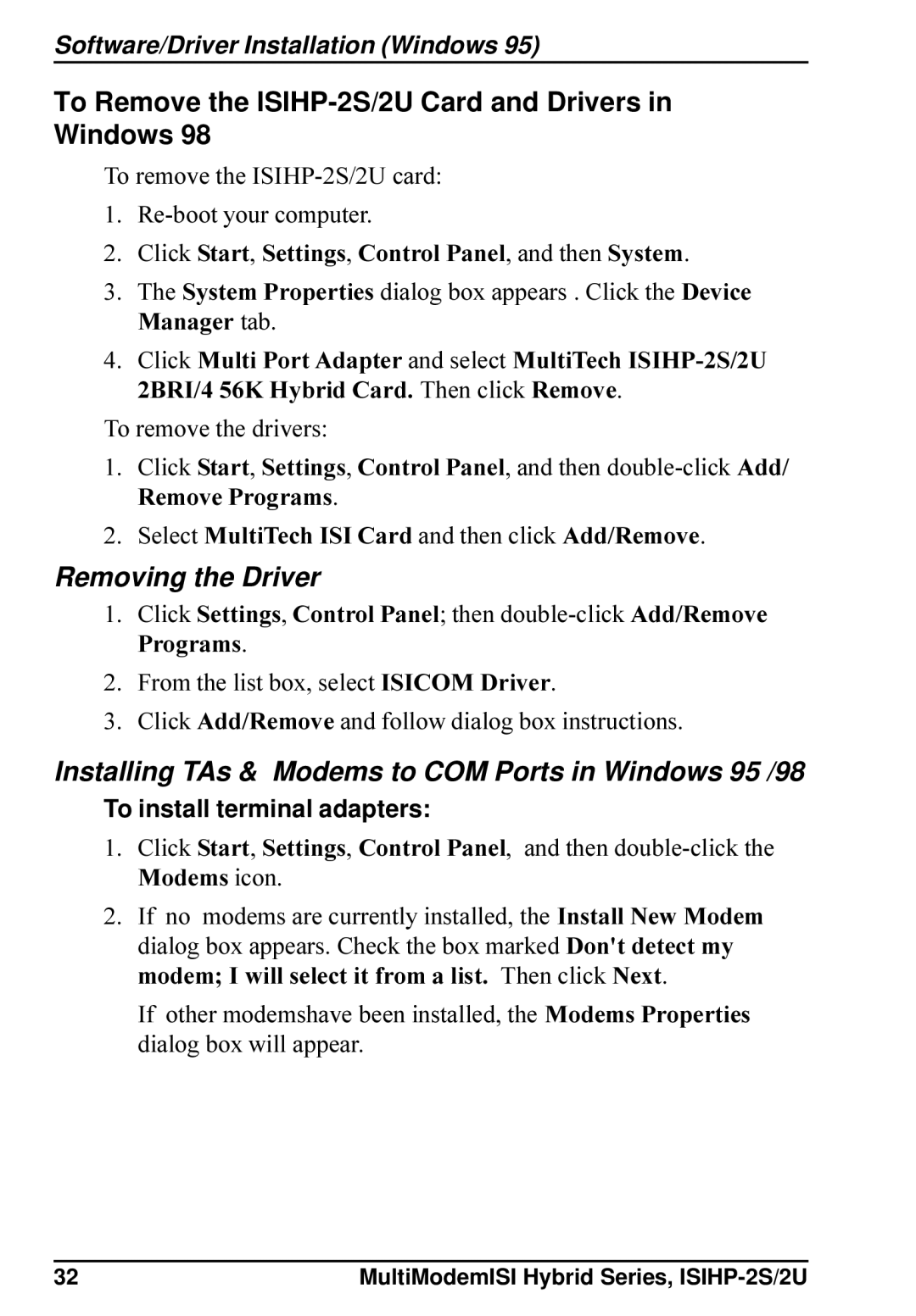 Multi-Tech Systems ISIHP-2S, ISIHP-2U Removing the Driver, Installing TAs & Modems to COM Ports in Windows 95 /98 